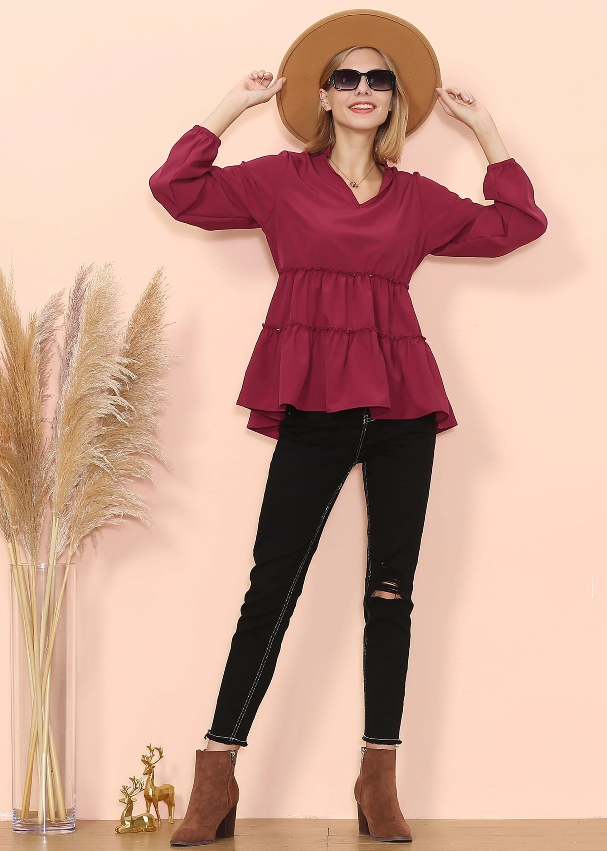 Mandarin Collar Ruffle Hem Blouse - Image 12