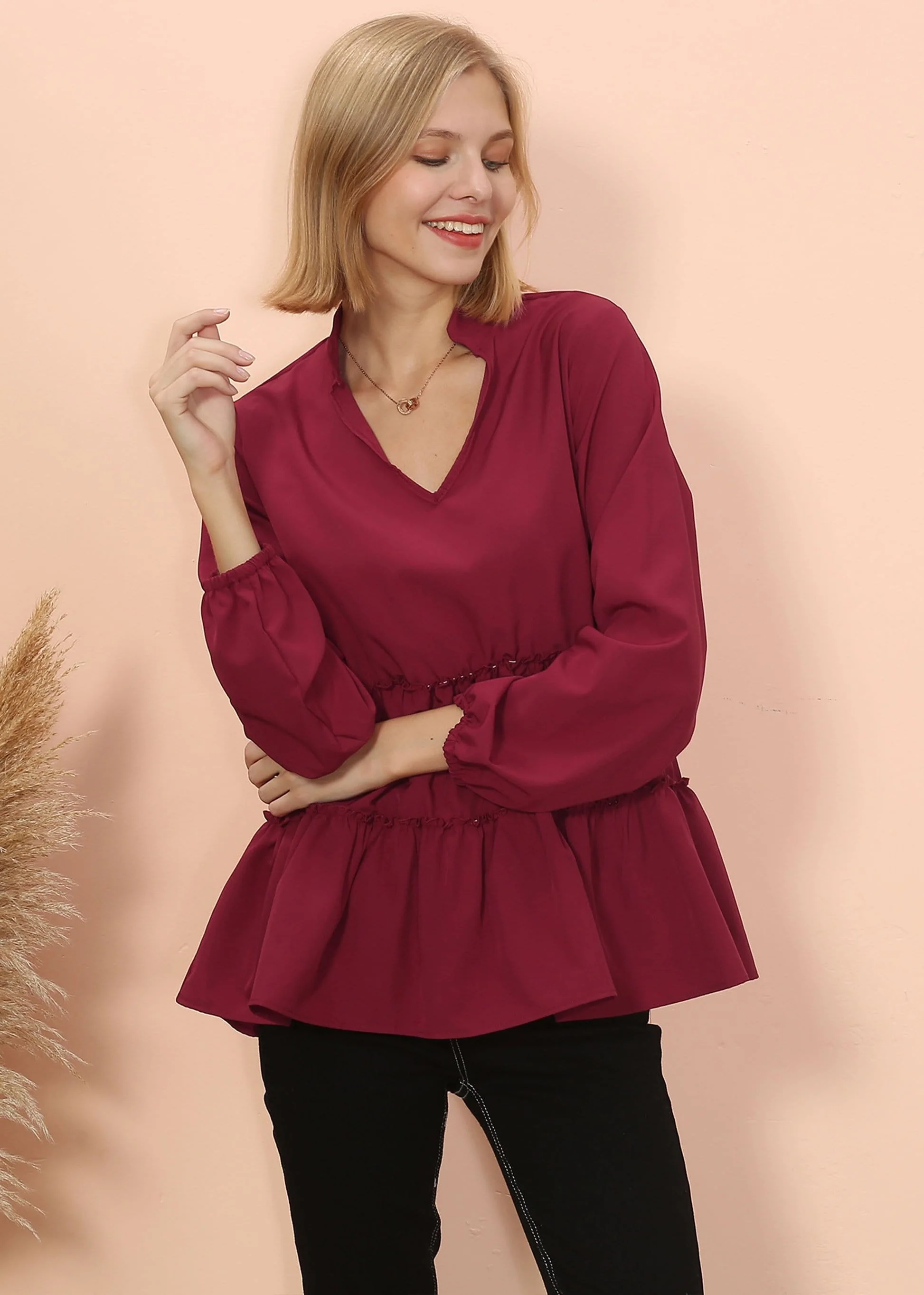 Mandarin Collar Ruffle Hem Blouse - Image 13