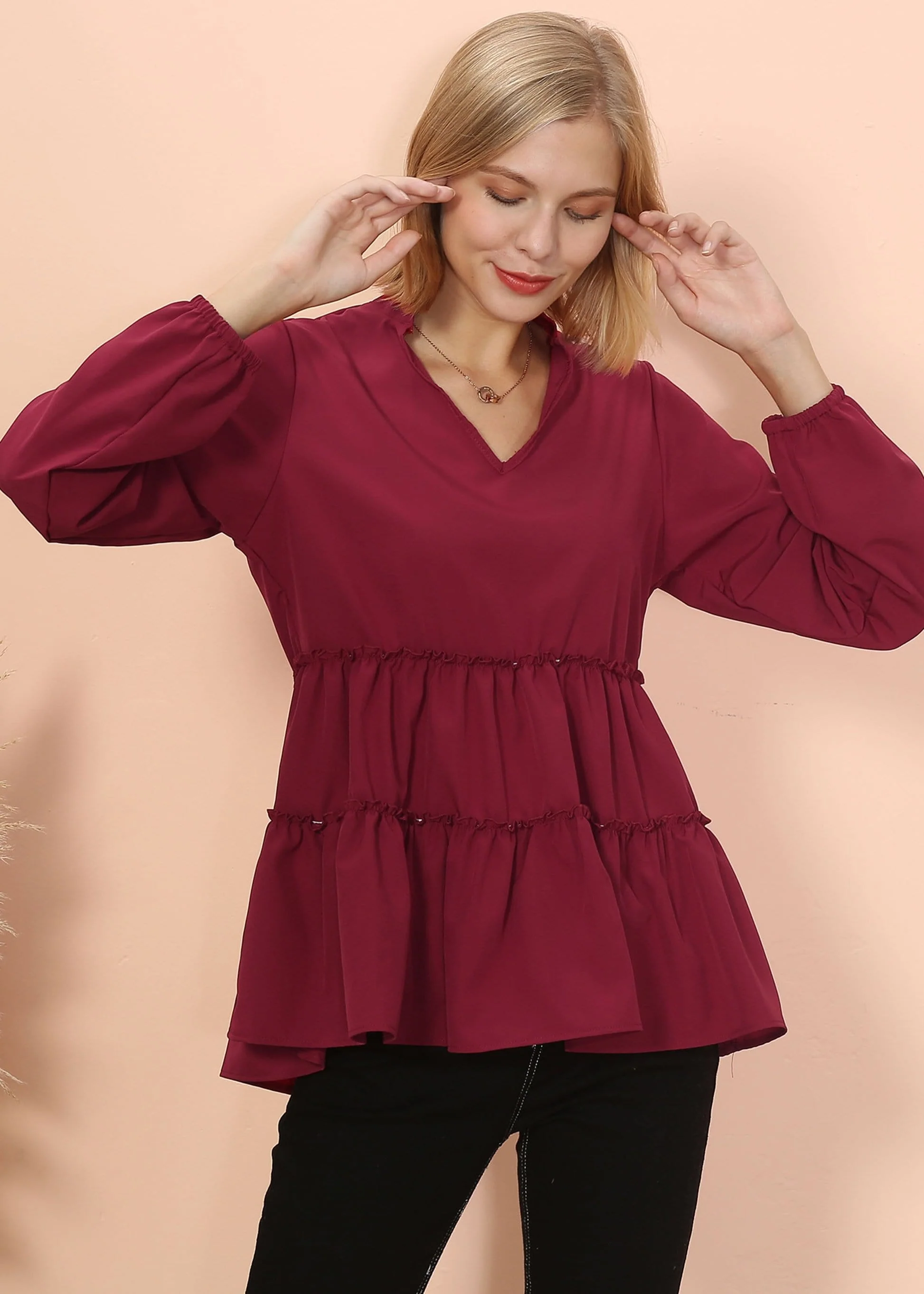 Mandarin Collar Ruffle Hem Blouse - Image 14