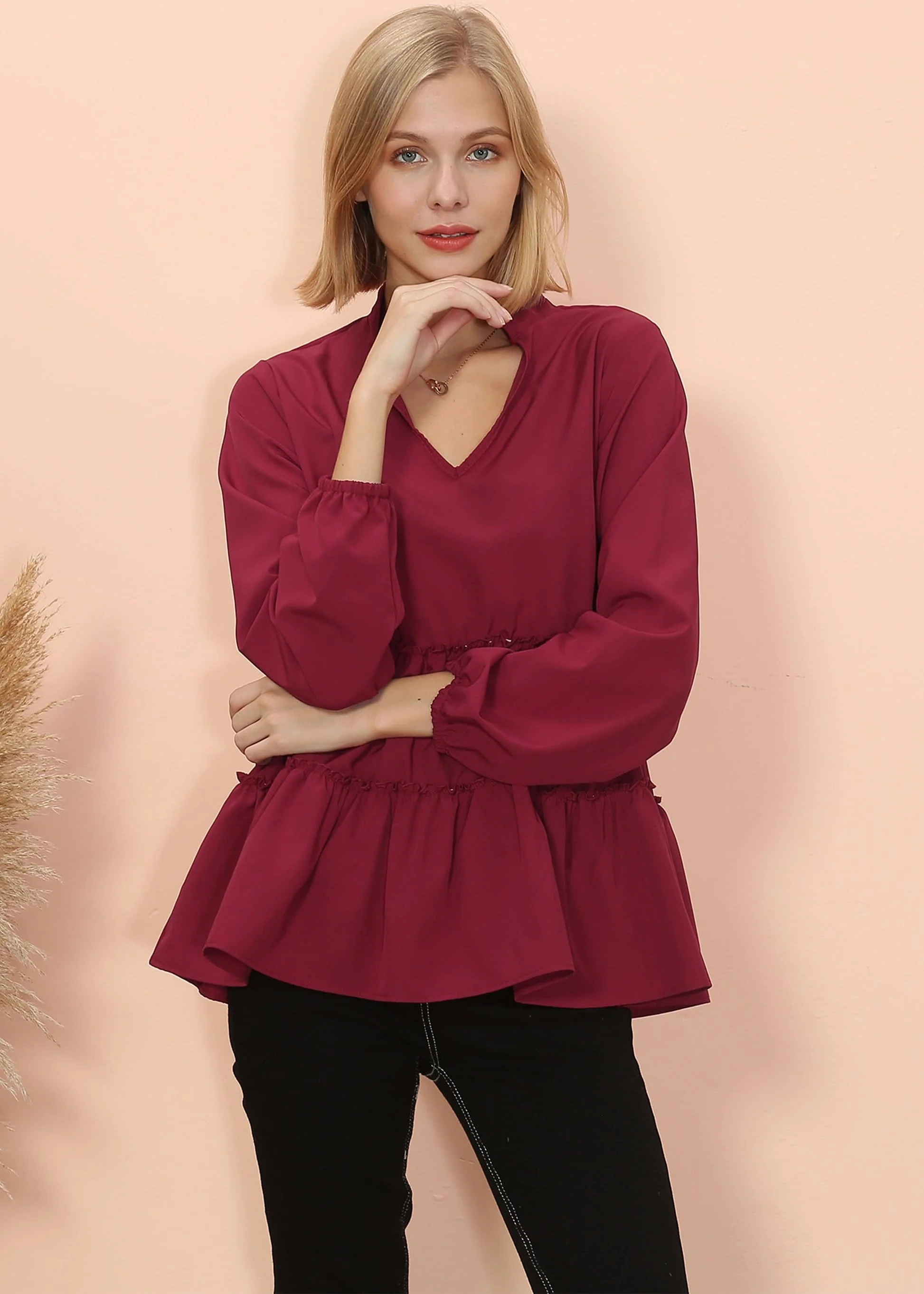 Mandarin Collar Ruffle Hem Blouse - Image 15