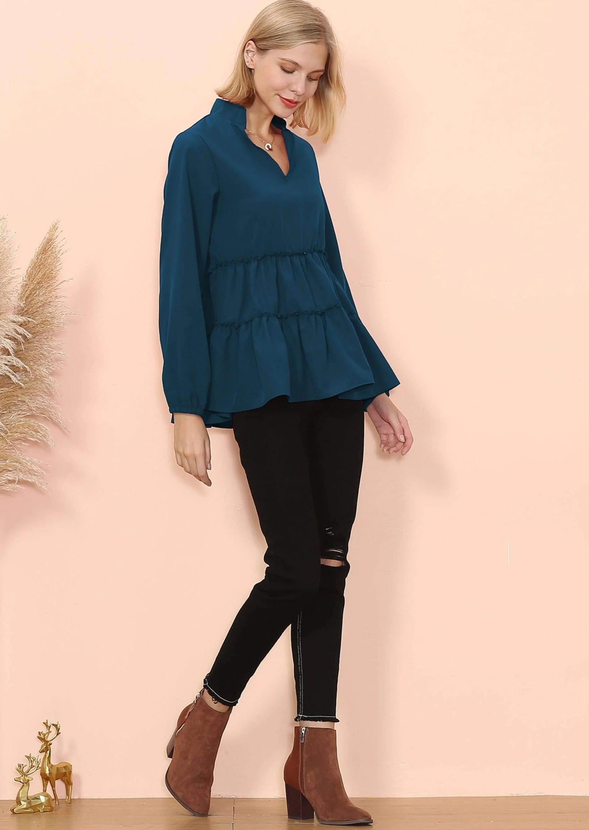 Mandarin Collar Ruffle Hem Blouse - Image 4