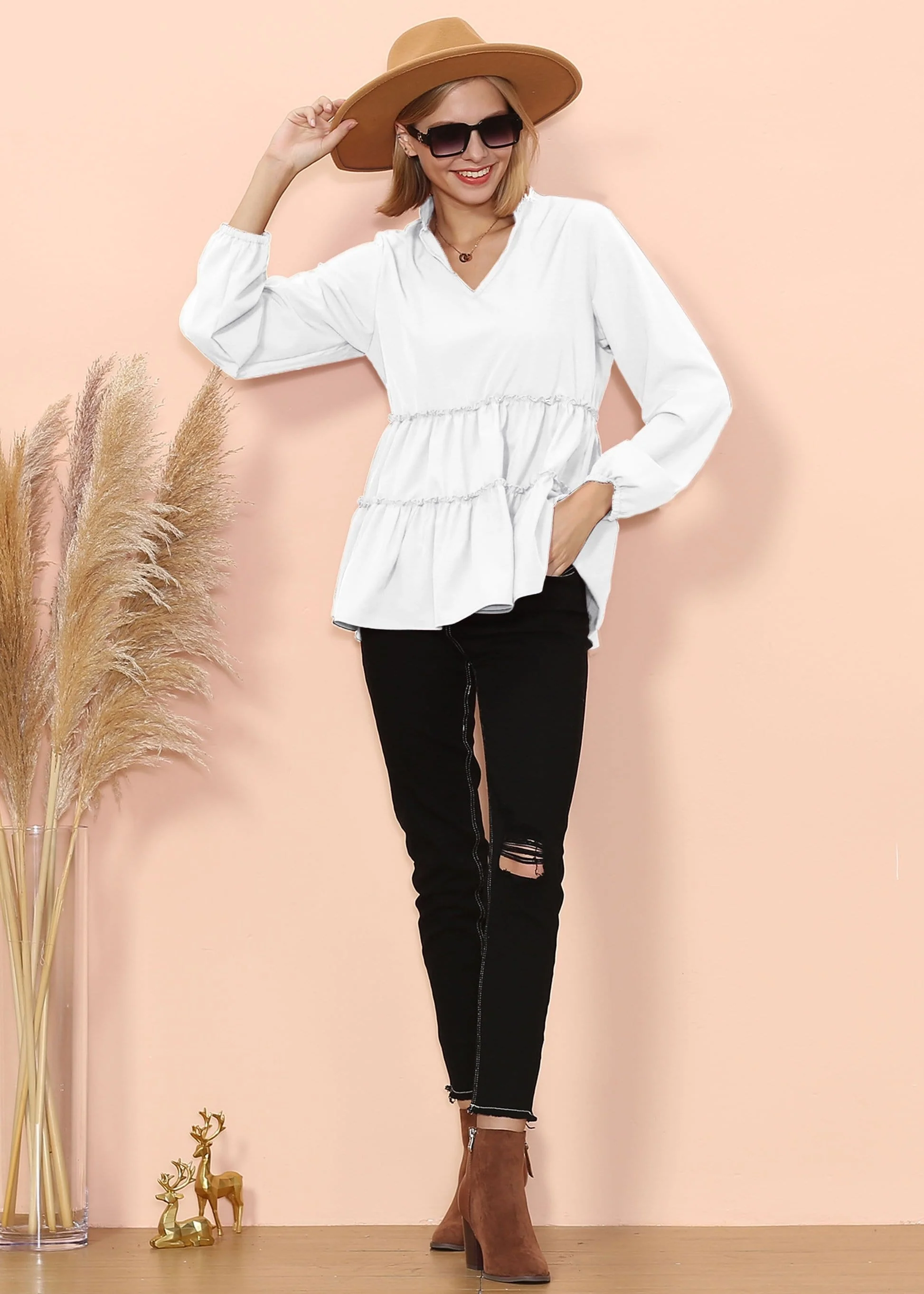 Mandarin Collar Ruffle Hem Blouse - Image 5