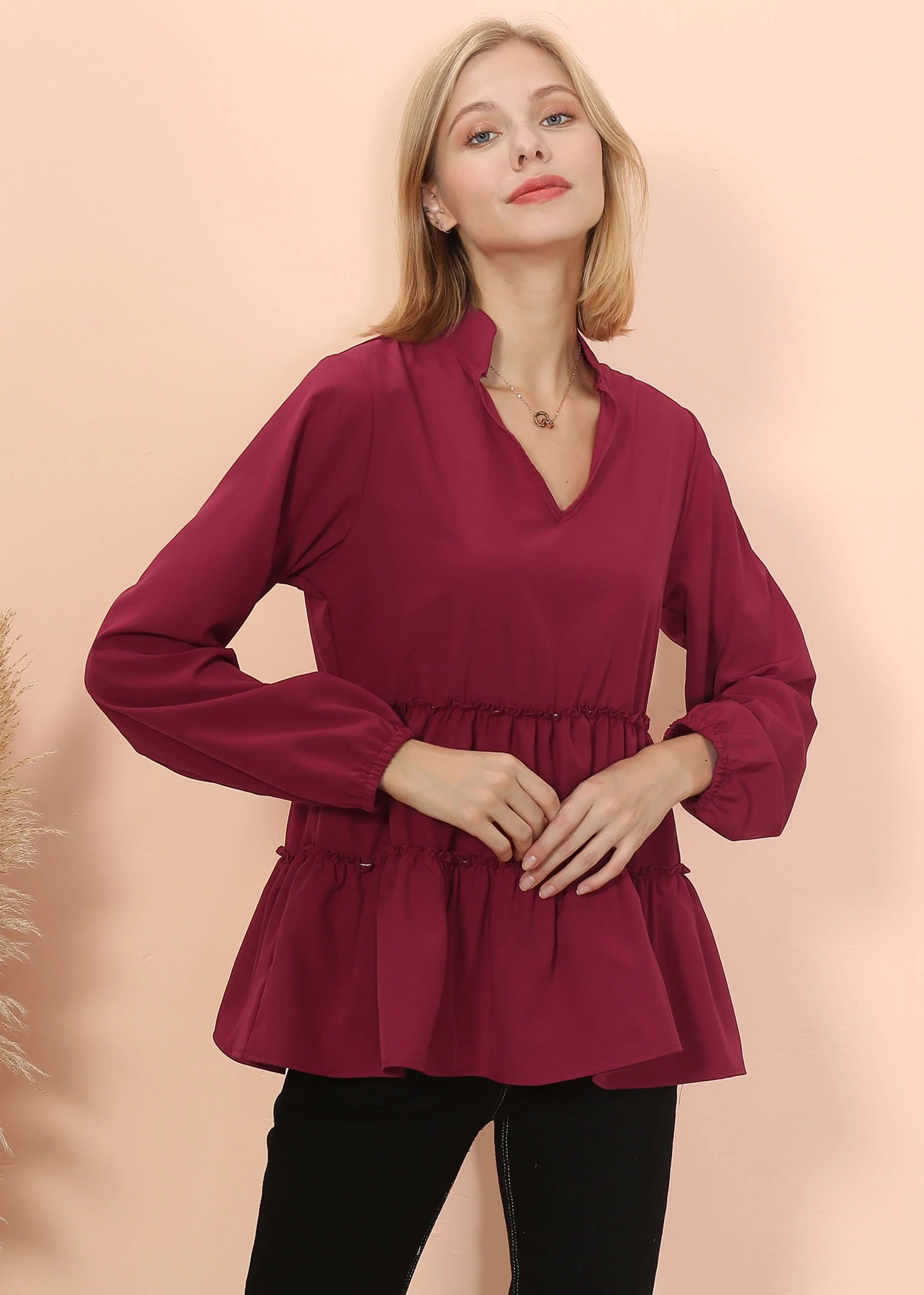 Mandarin Collar Ruffle Hem Blouse - Image 6