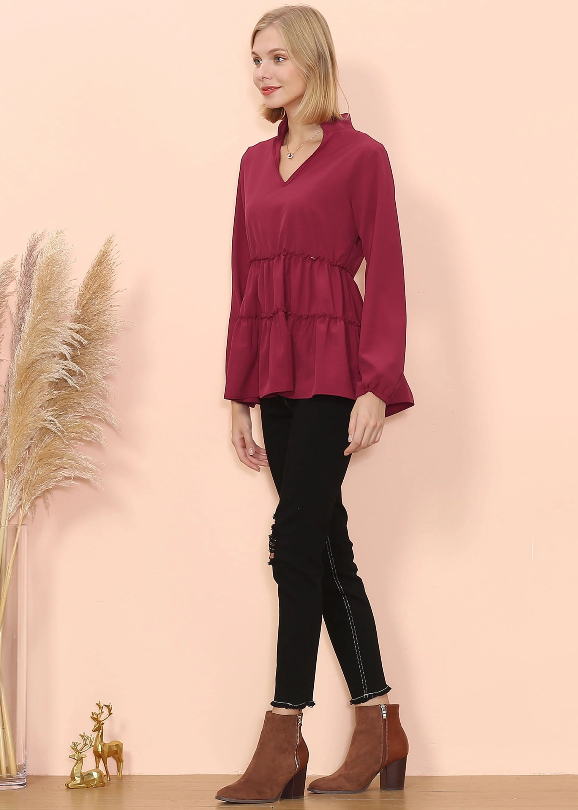 Mandarin Collar Ruffle Hem Blouse - Image 8