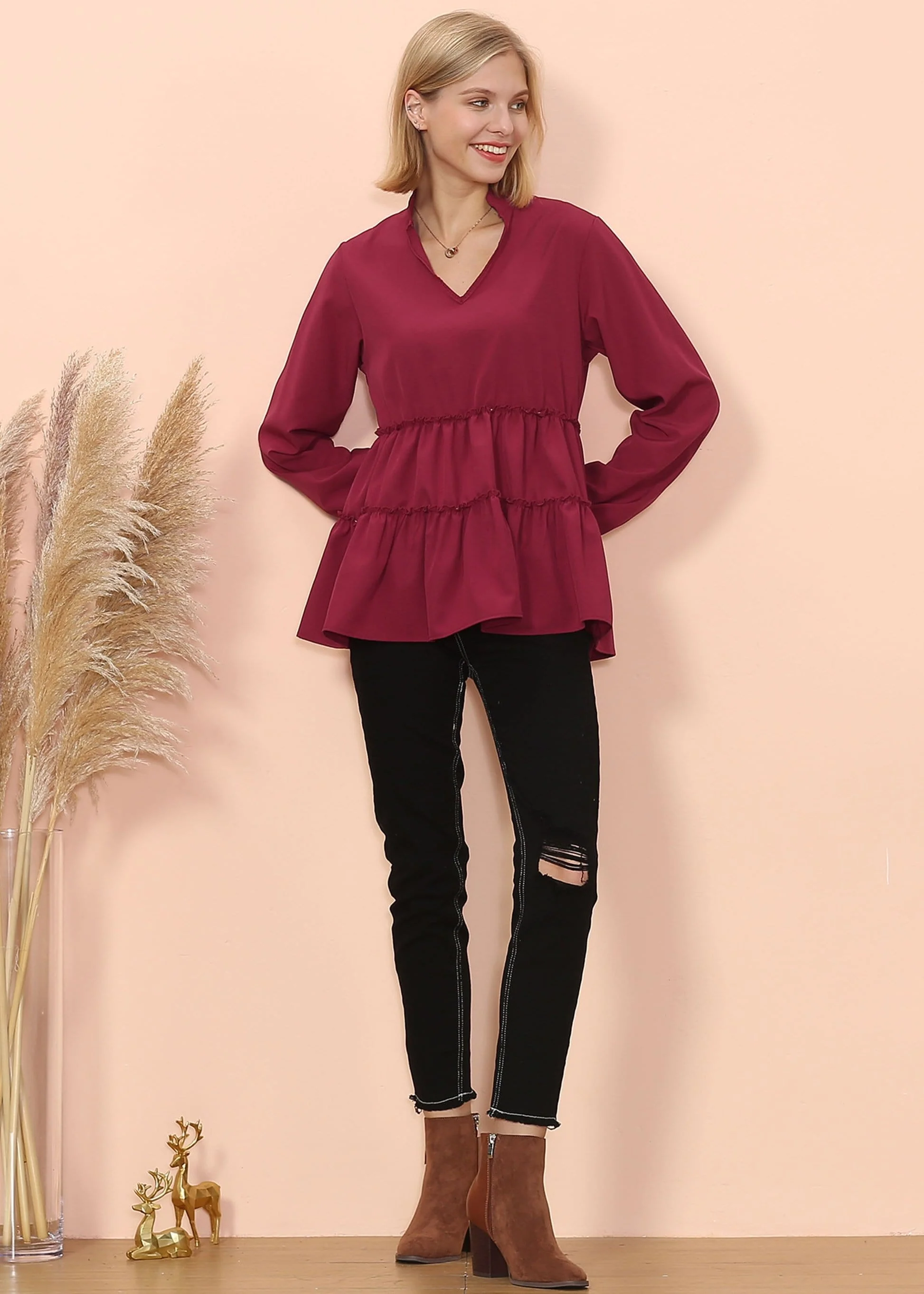 Mandarin Collar Ruffle Hem Blouse - Image 9
