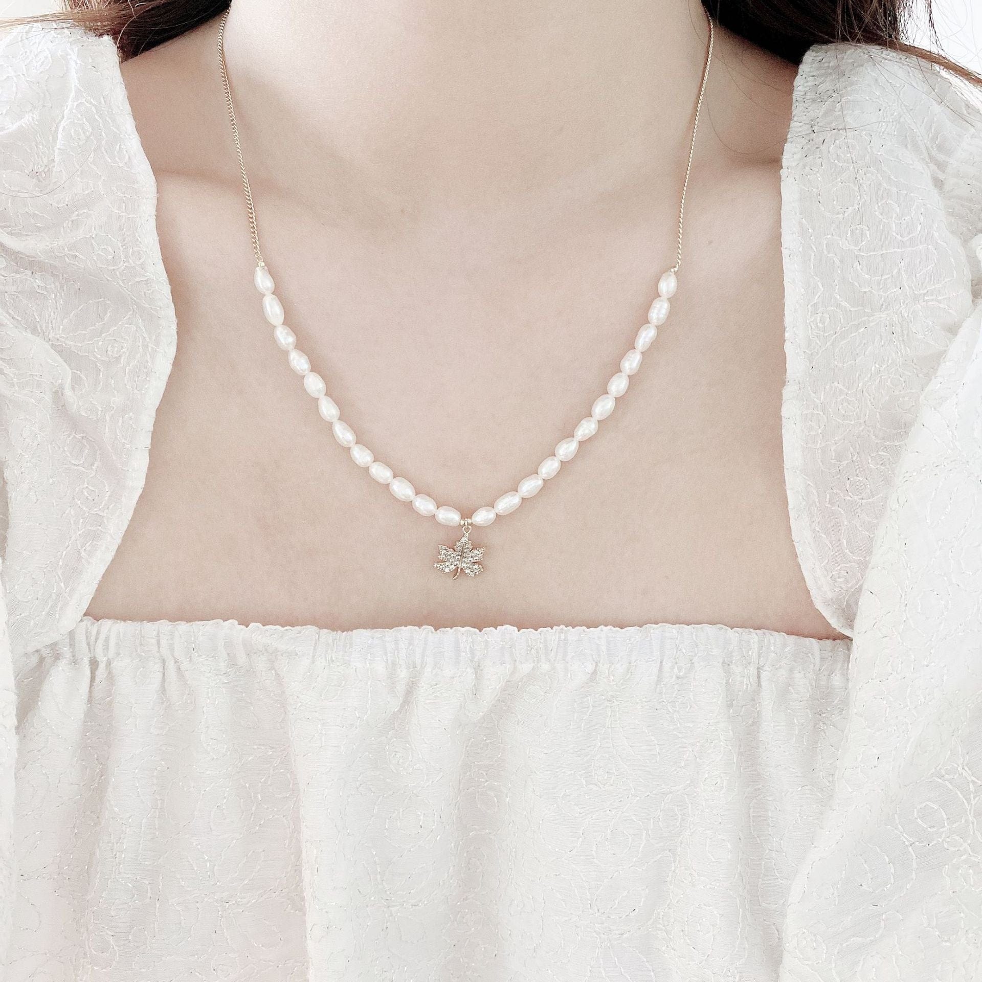Maple Leaf Charm Pearl Necklace - Image 3