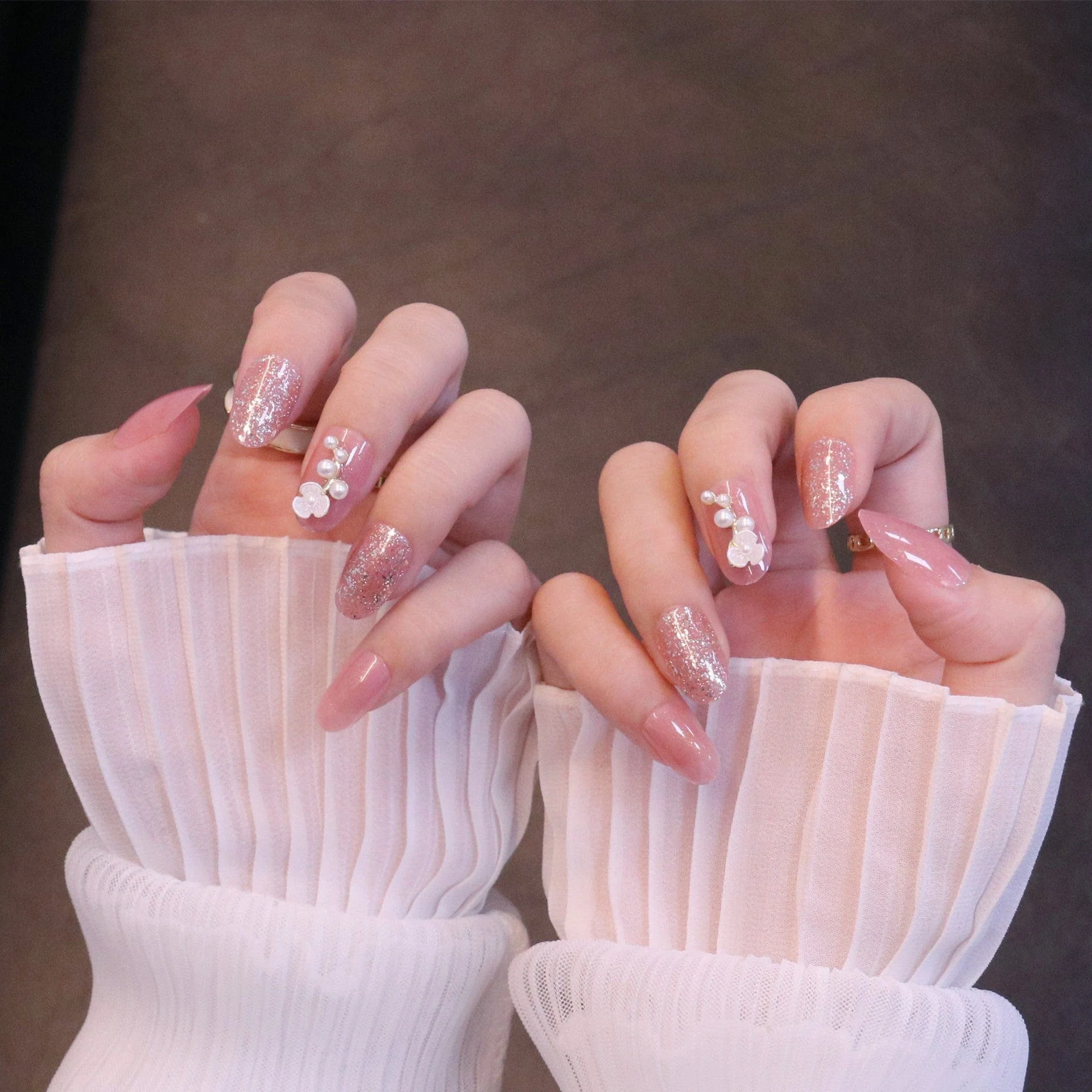 Medium Rounded Baby Pink Press On Nails with Flower and Pearl Charms