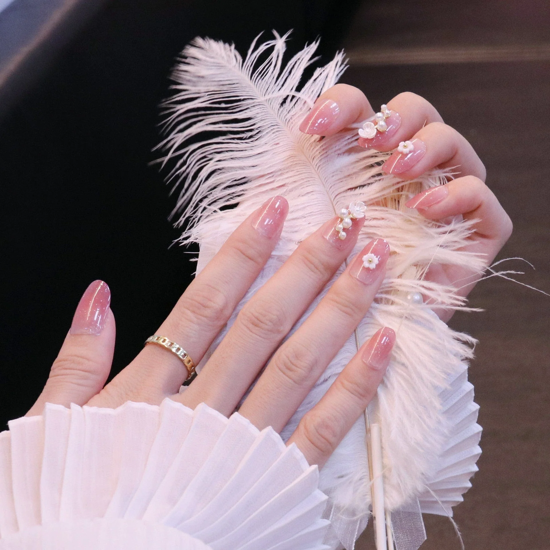 Medium Rounded Baby Pink Press On Nails with Flower and Pearl Charms - Image 10