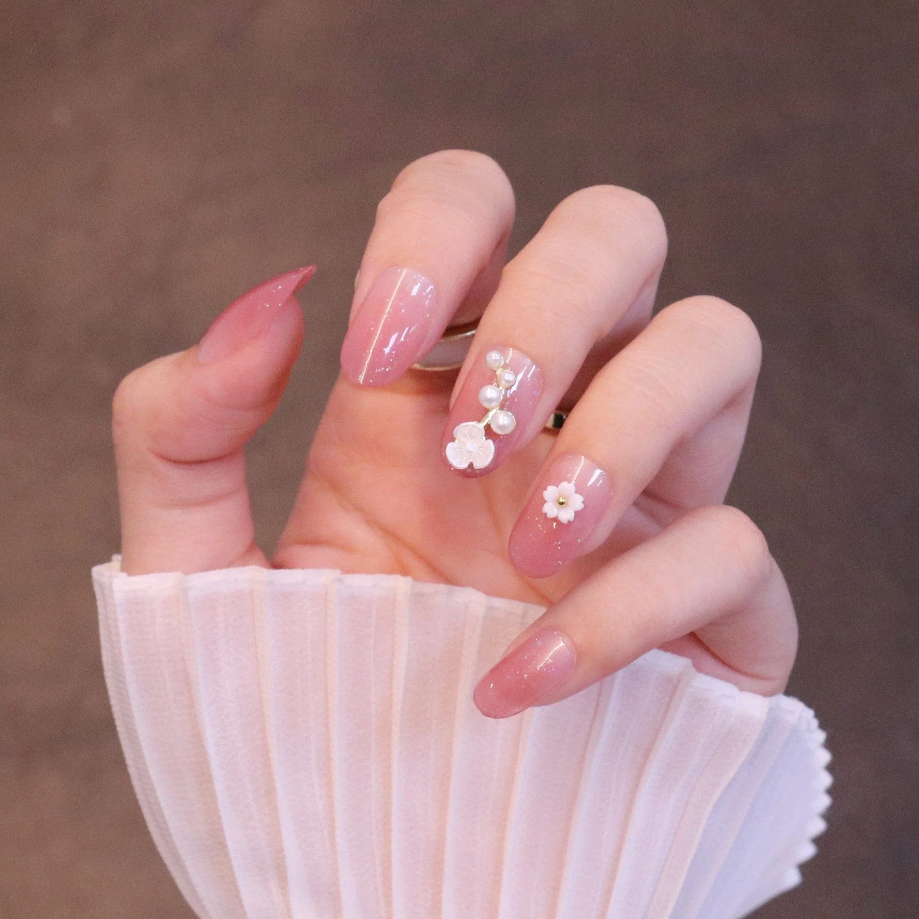 Medium Rounded Baby Pink Press On Nails with Flower and Pearl Charms - Image 11