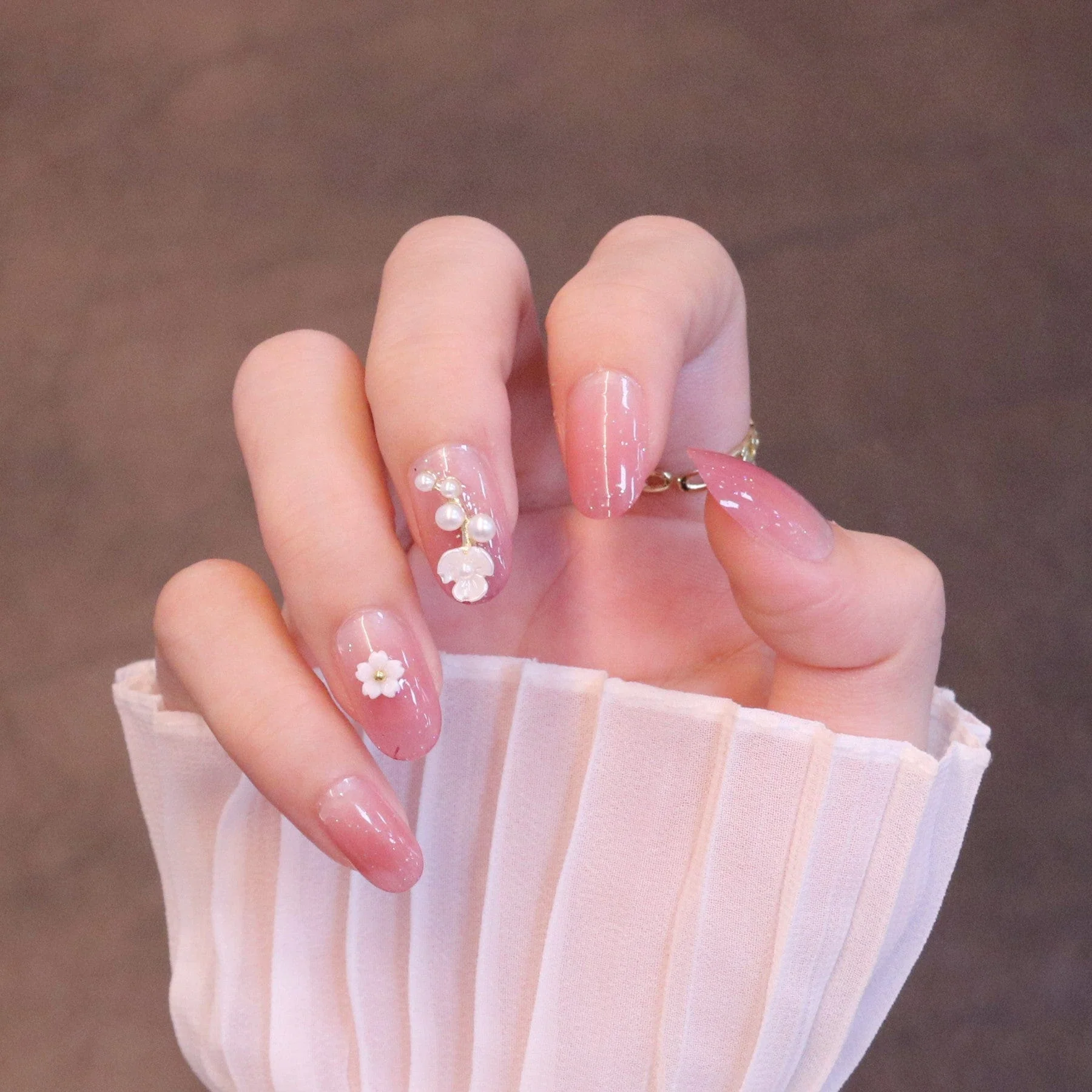 Medium Rounded Baby Pink Press On Nails with Flower and Pearl Charms - Image 14