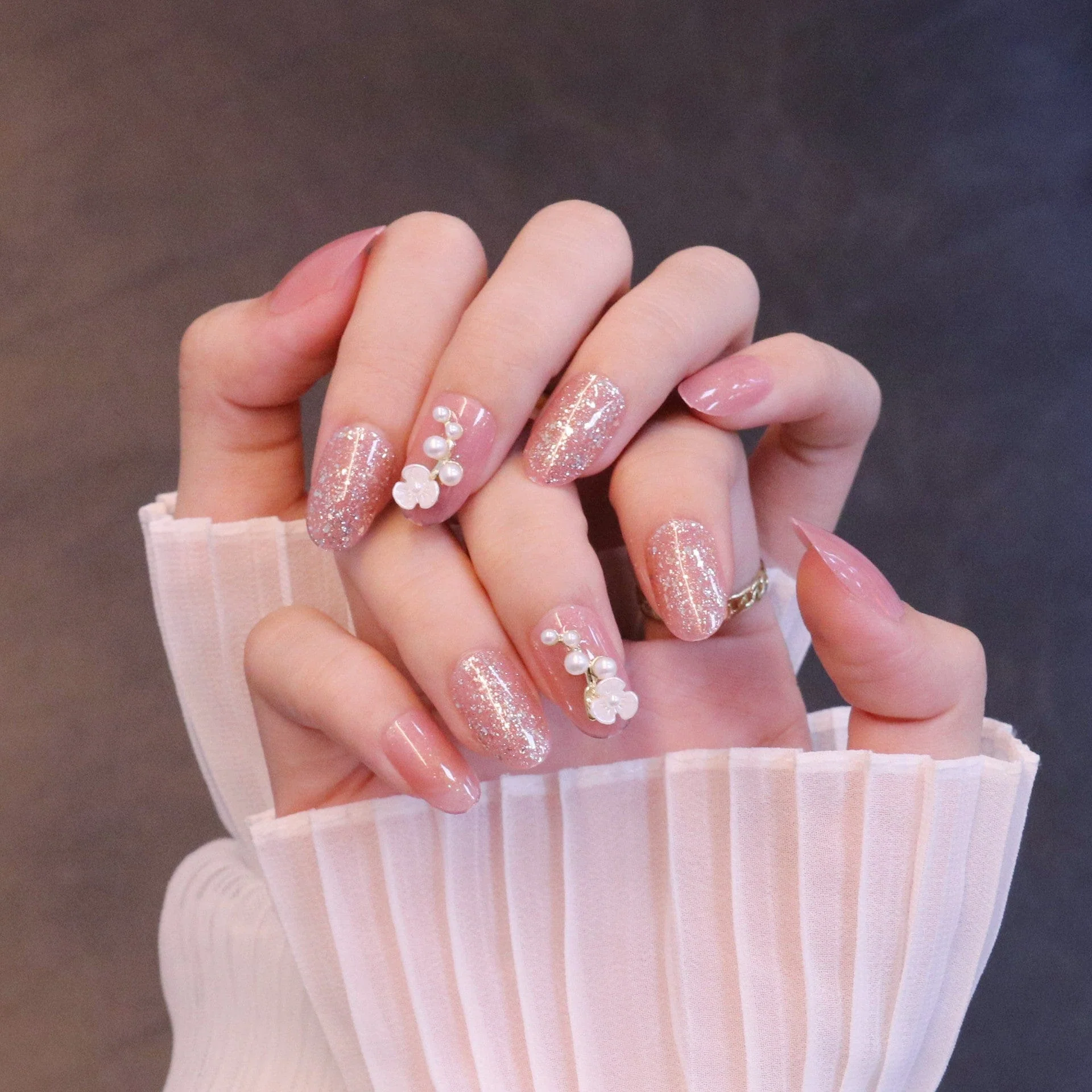 Medium Rounded Baby Pink Press On Nails with Flower and Pearl Charms - Image 2