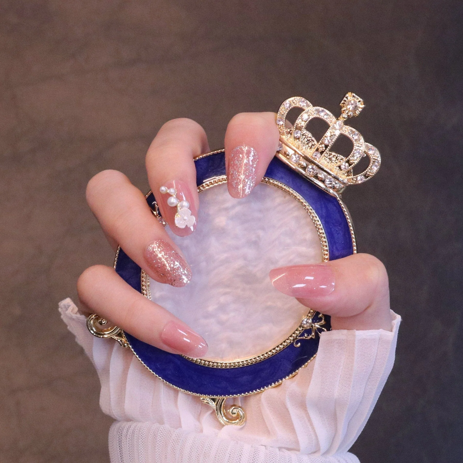 Medium Rounded Baby Pink Press On Nails with Flower and Pearl Charms - Image 4