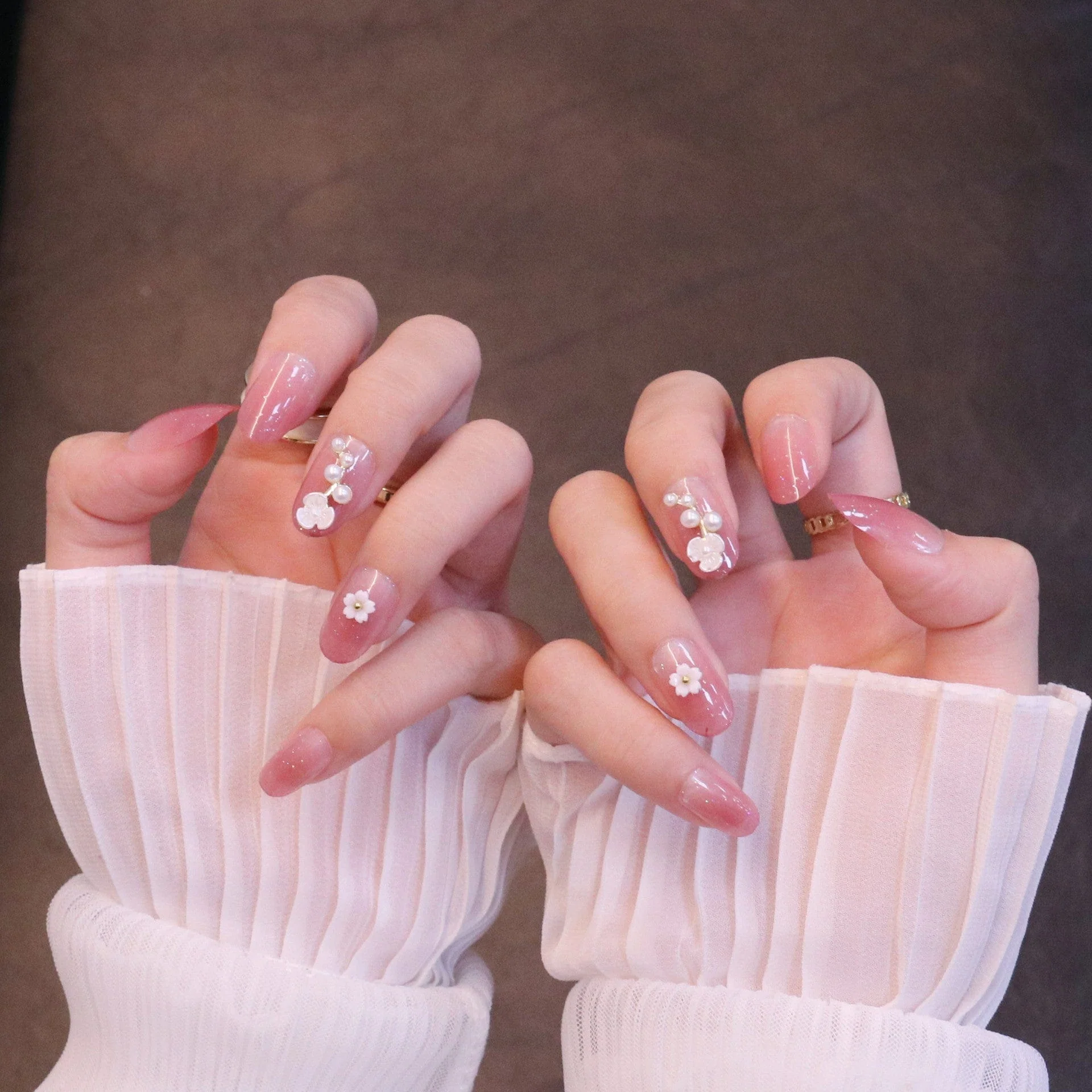 Medium Rounded Baby Pink Press On Nails with Flower and Pearl Charms - Image 6