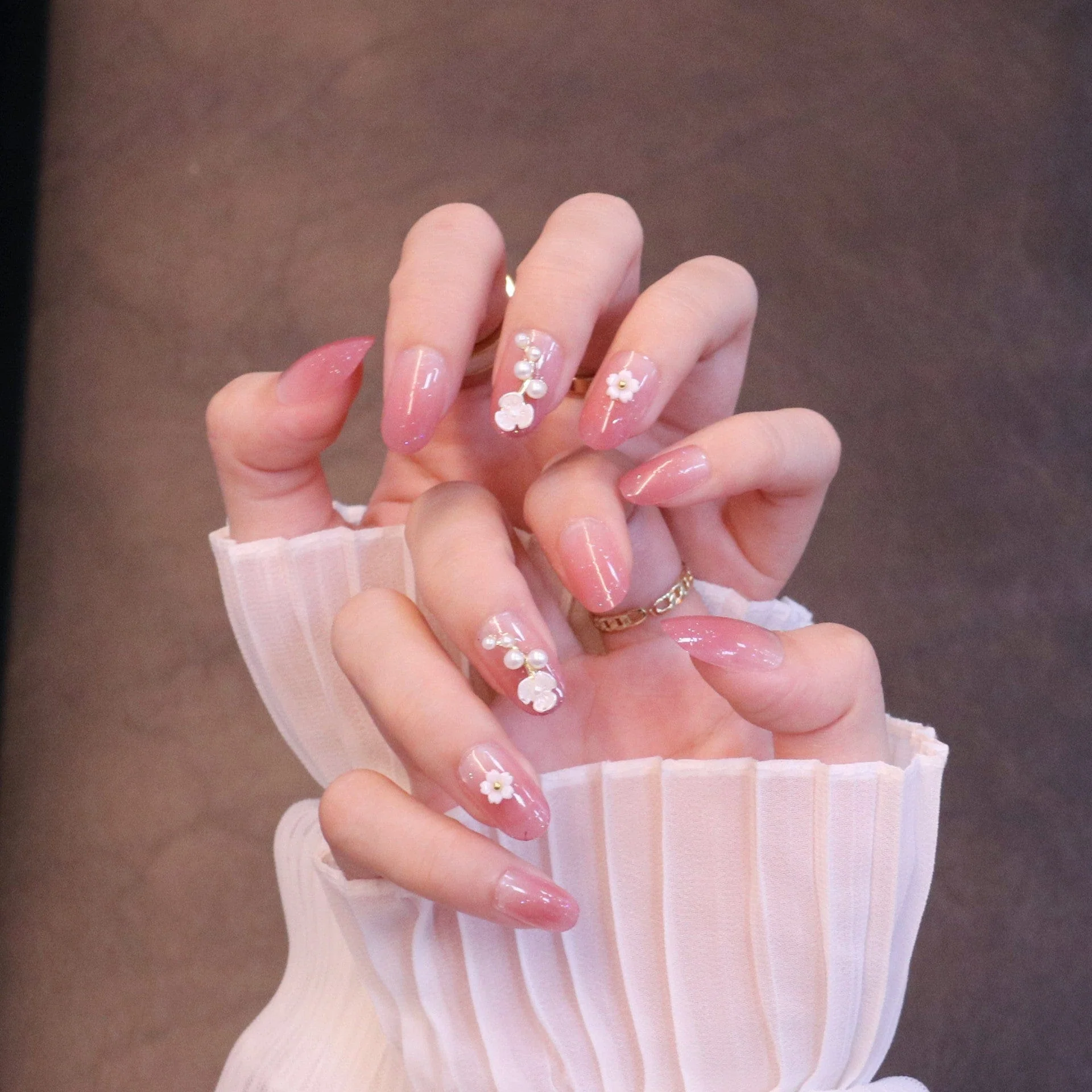 Medium Rounded Baby Pink Press On Nails with Flower and Pearl Charms - Image 7