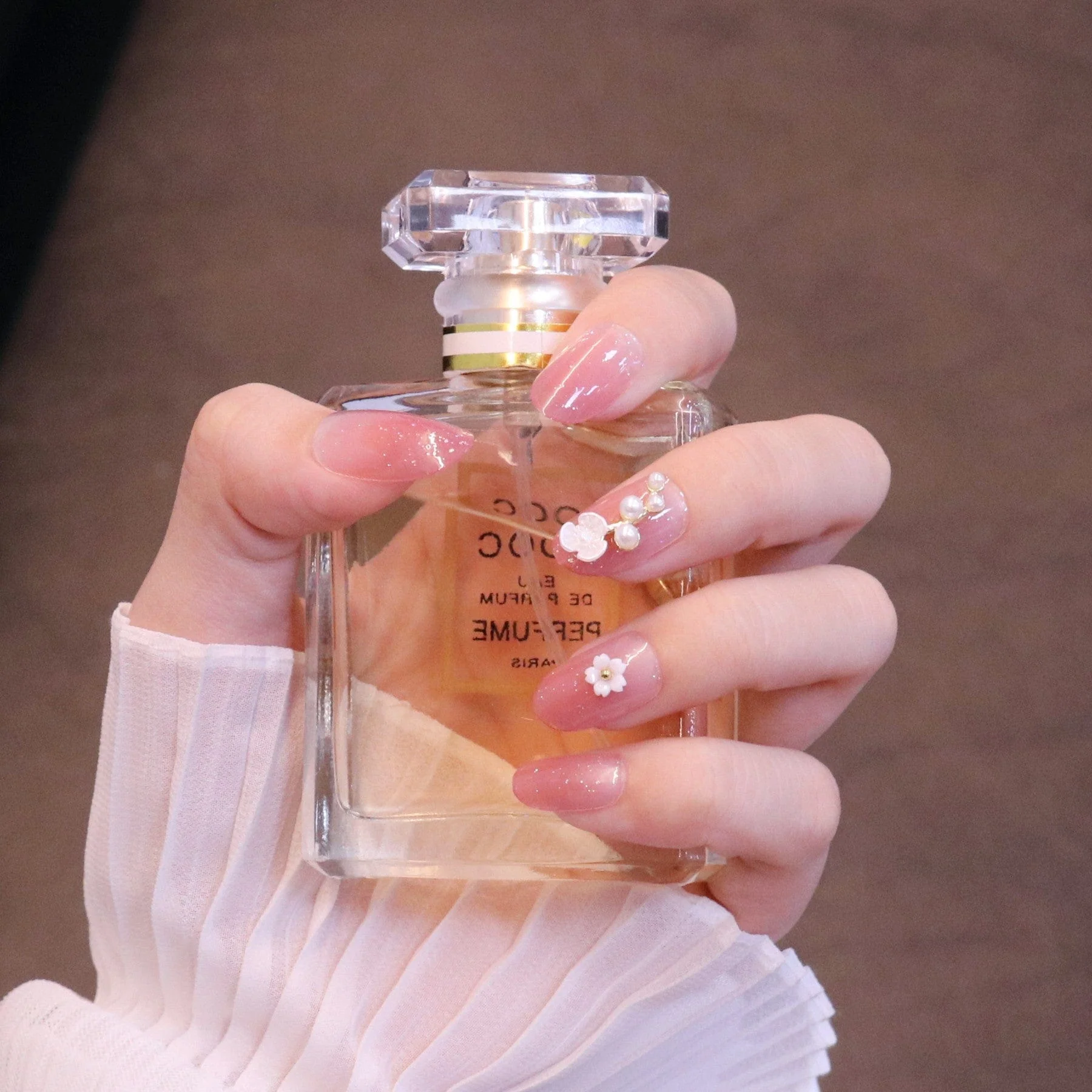 Medium Rounded Baby Pink Press On Nails with Flower and Pearl Charms - Image 8
