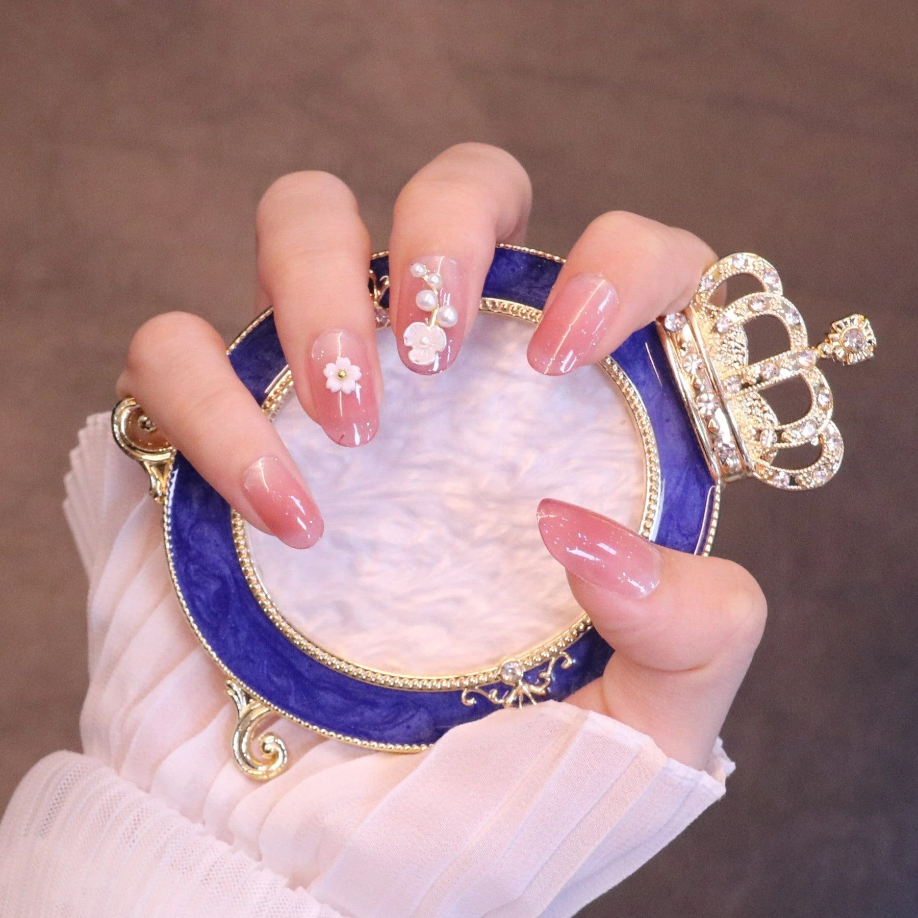 Medium Rounded Baby Pink Press On Nails with Flower and Pearl Charms - Image 9