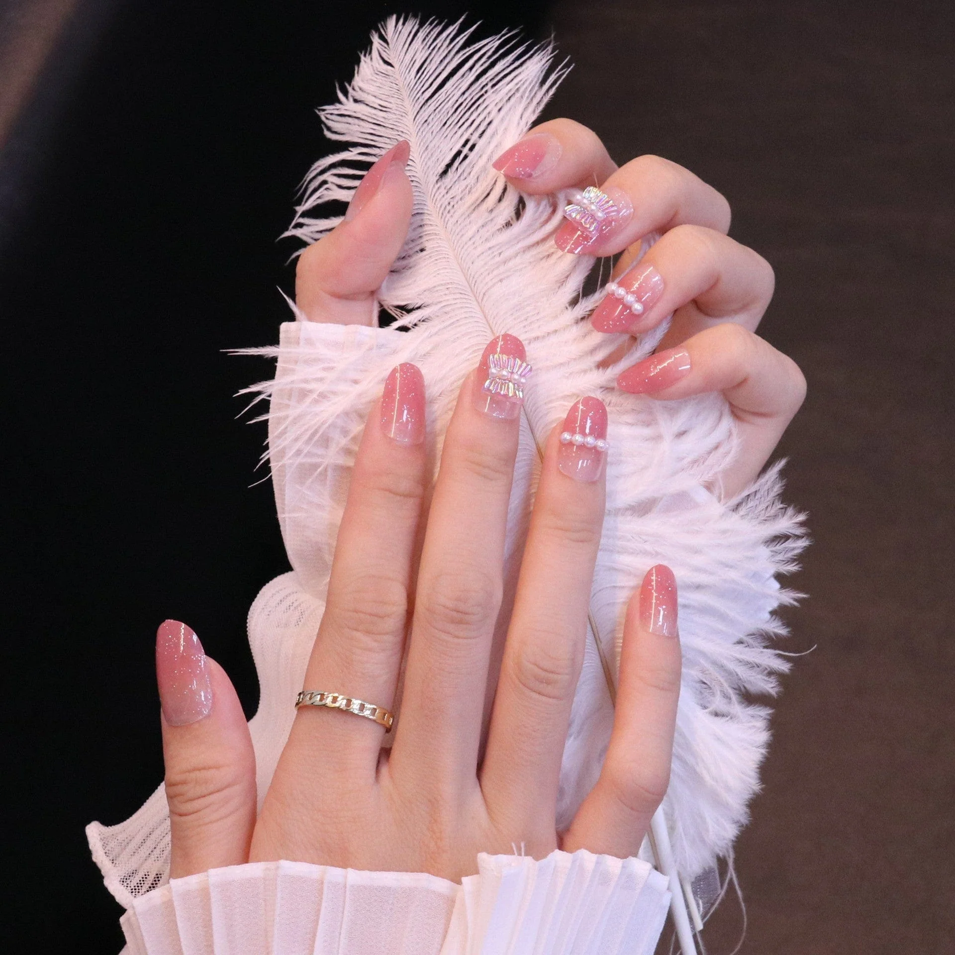 Medium Rounded Baby Pink Press On Nails with Ruched Charm and Pearls - Image 5