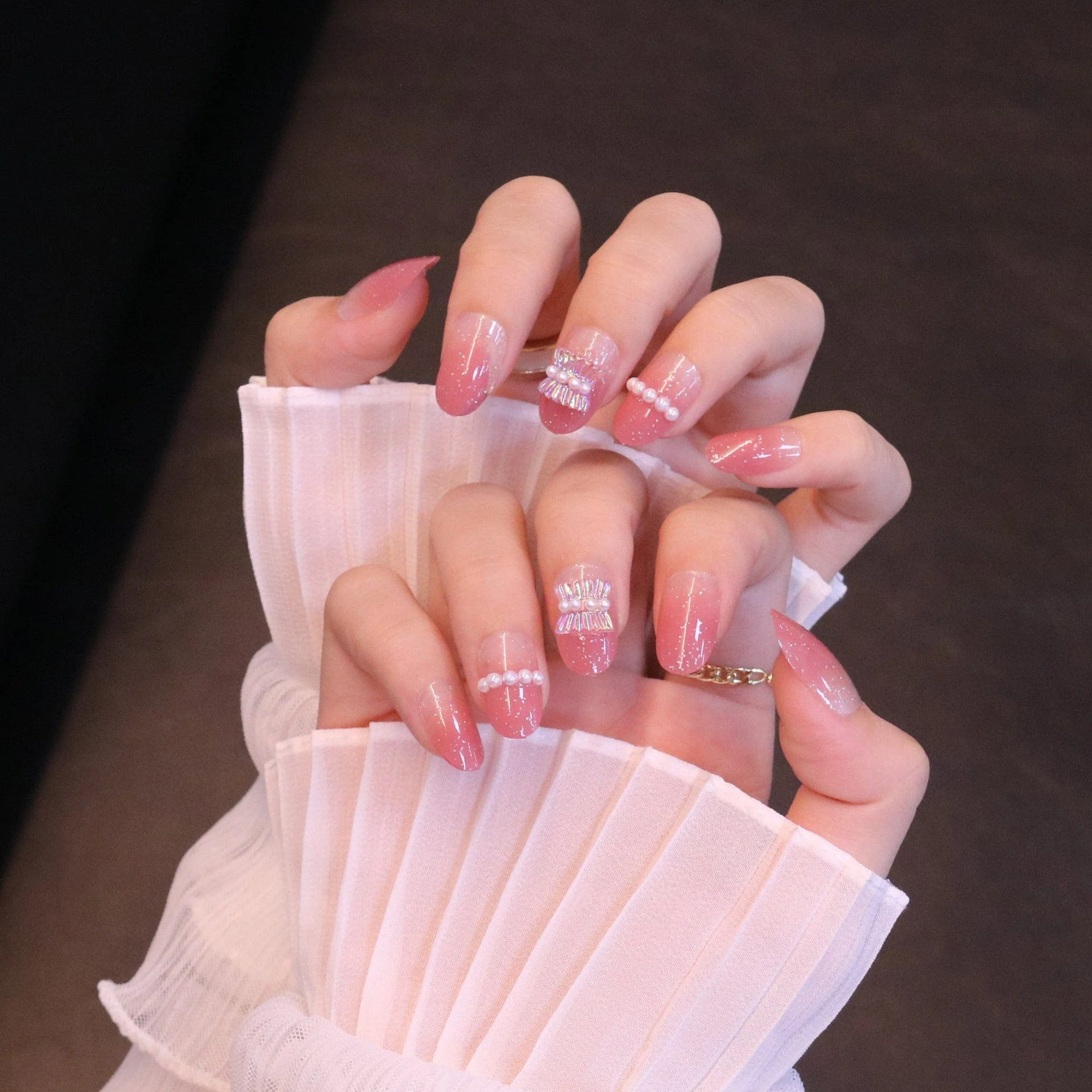 Medium Rounded Baby Pink Press On Nails with Ruched Charm and Pearls - Image 6