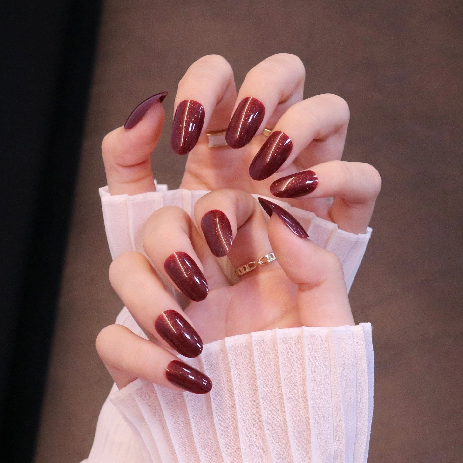 Medium Rounded Bold Red Shimmering Press On Nails - Image 2