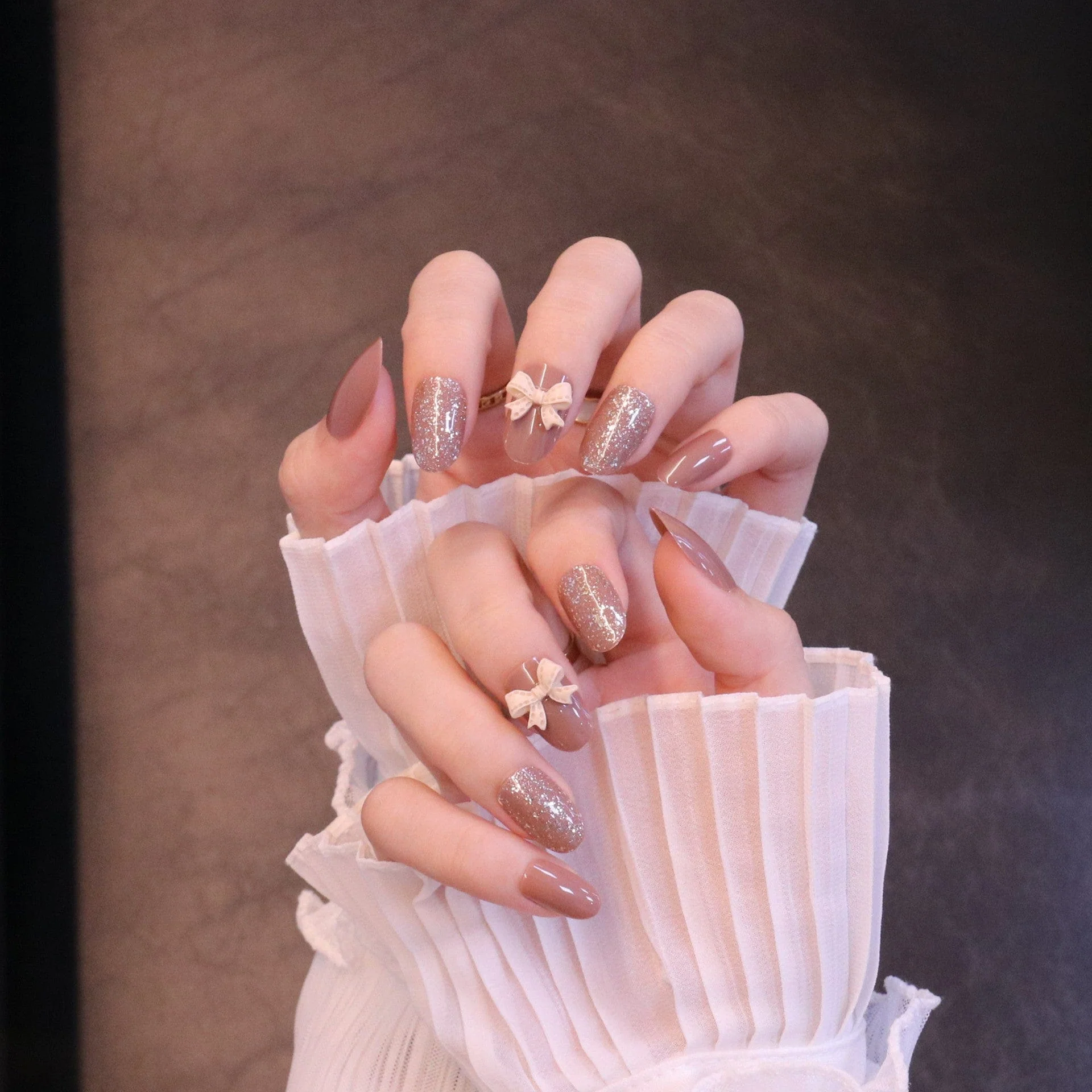 Medium Rounded Light Brown Press On Nails with Bow - Image 2
