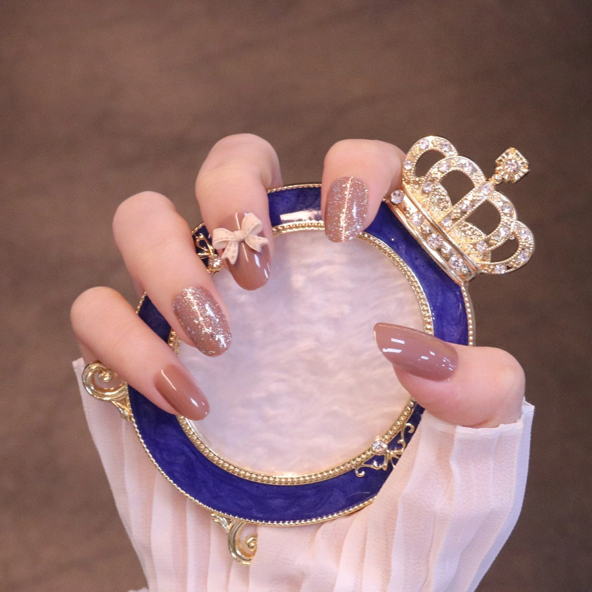 Medium Rounded Light Brown Press On Nails with Bow - Image 4