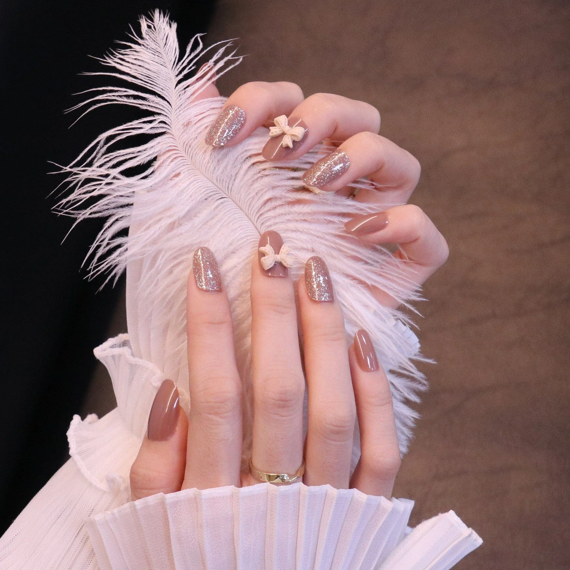 Medium Rounded Light Brown Press On Nails with Bow - Image 5