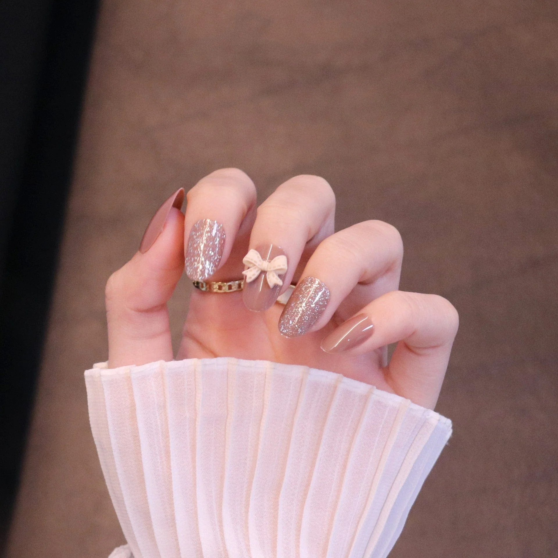 Medium Rounded Light Brown Press On Nails with Bow - Image 6