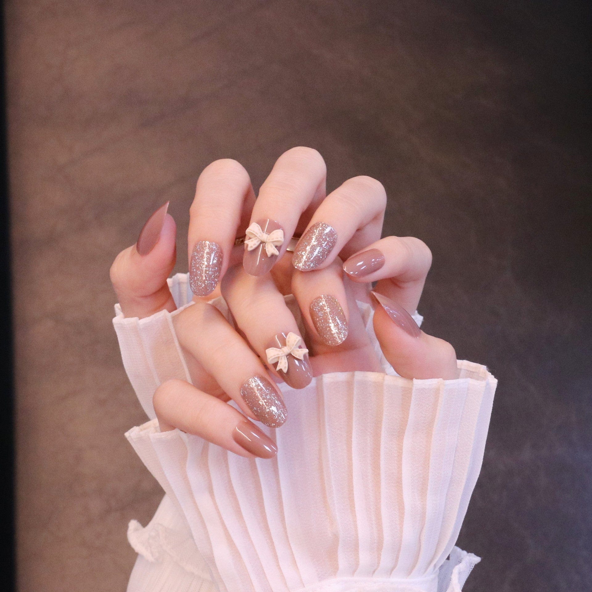 Medium Rounded Light Brown Press On Nails with Bow - Image 7