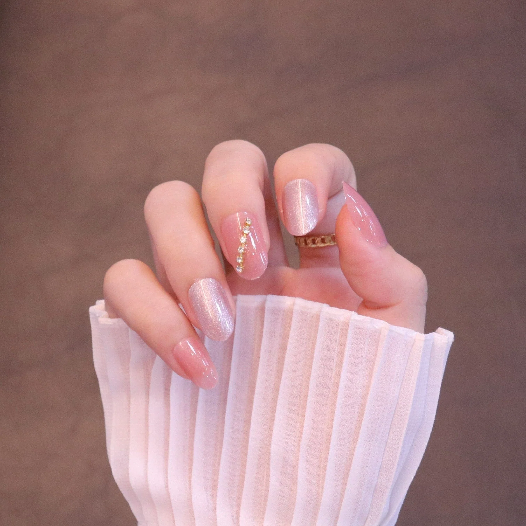 Medium Rounded Light Pink Press On Nails with Flower and Crystal Charms - Image 2