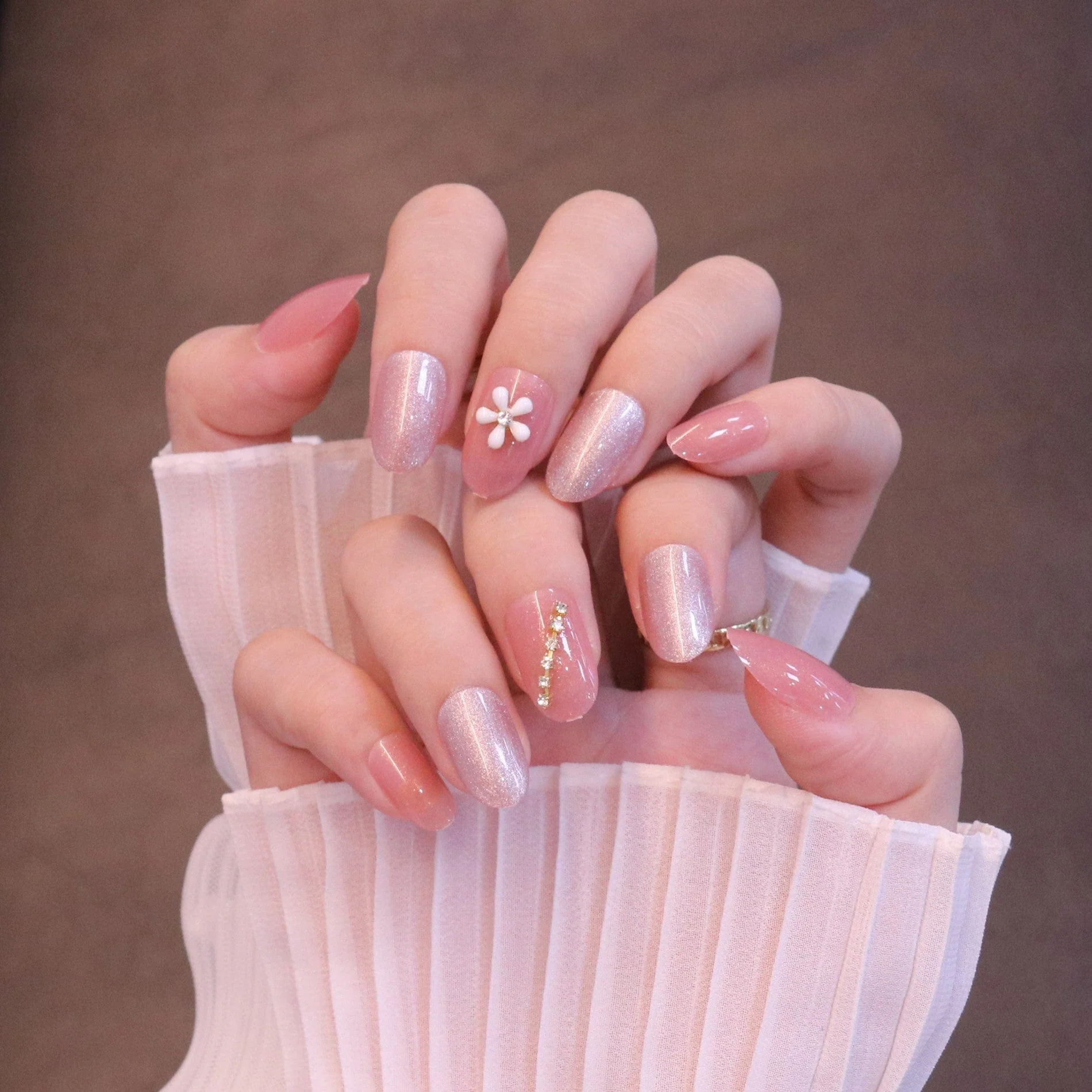 Medium Rounded Light Pink Press On Nails with Flower and Crystal Charms - Image 3