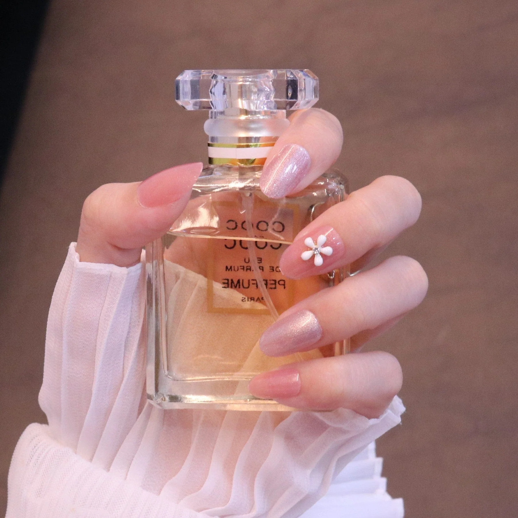 Medium Rounded Light Pink Press On Nails with Flower and Crystal Charms - Image 4