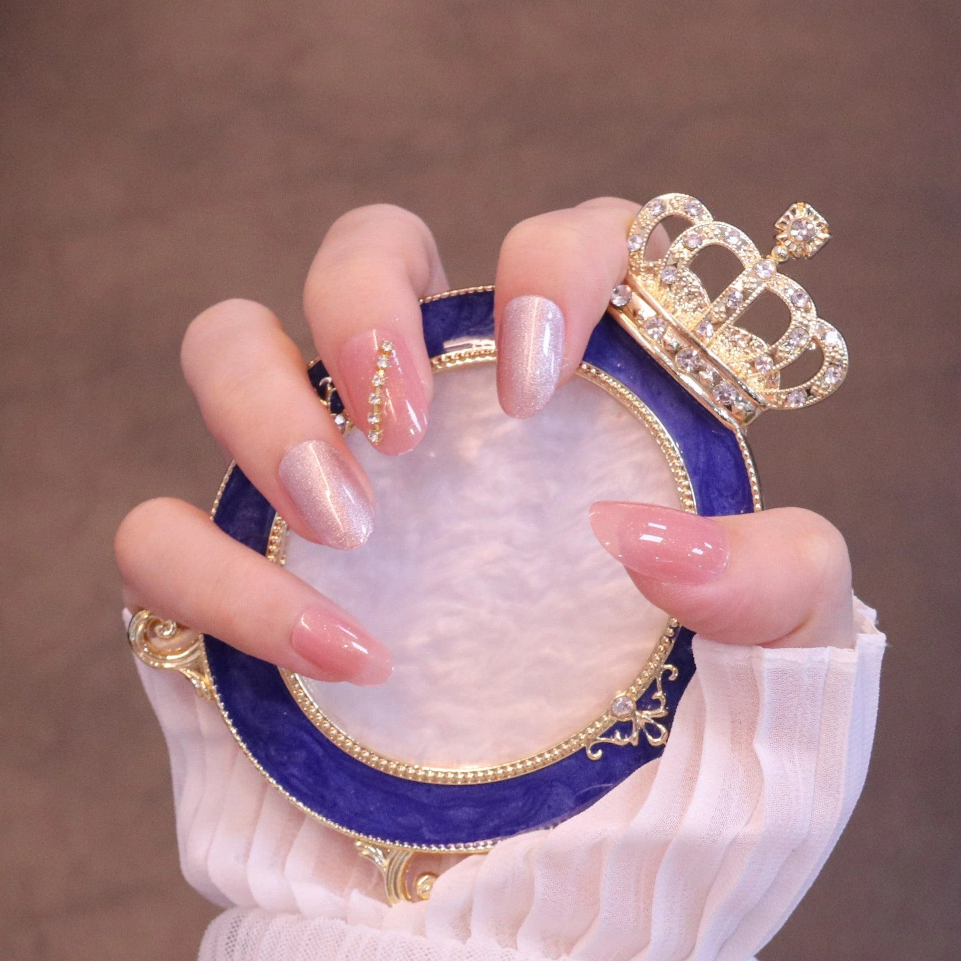 Medium Rounded Light Pink Press On Nails with Flower and Crystal Charms - Image 5