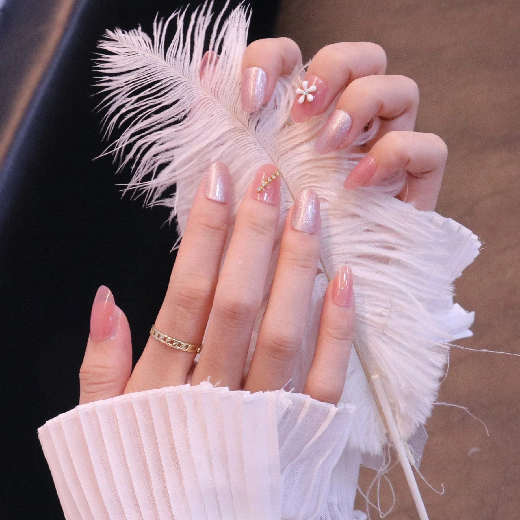Medium Rounded Light Pink Press On Nails with Flower and Crystal Charms - Image 6