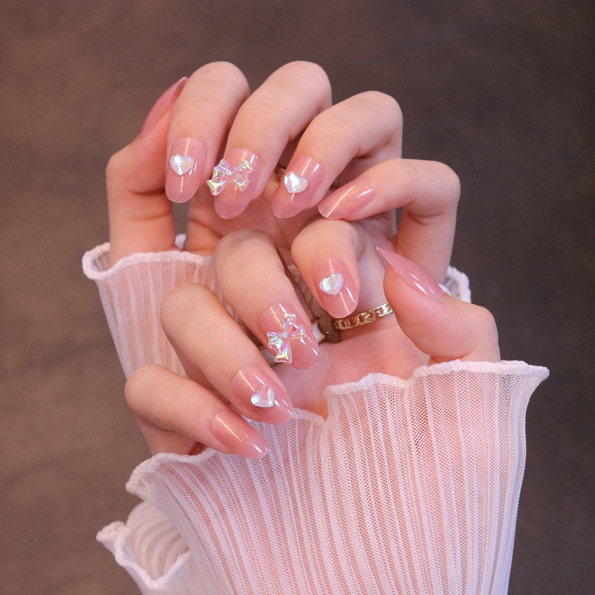 Medium Rounded Light Pink Press On Nails with Iridescent Bow and Heart - Image 2