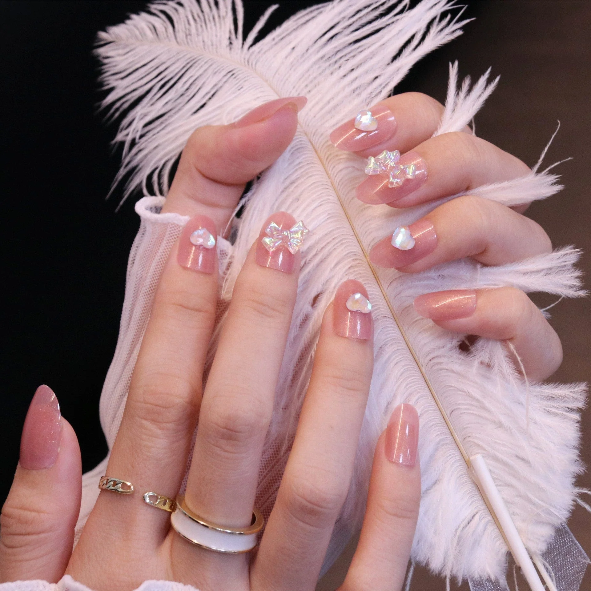 Medium Rounded Light Pink Press On Nails with Iridescent Bow and Heart - Image 5