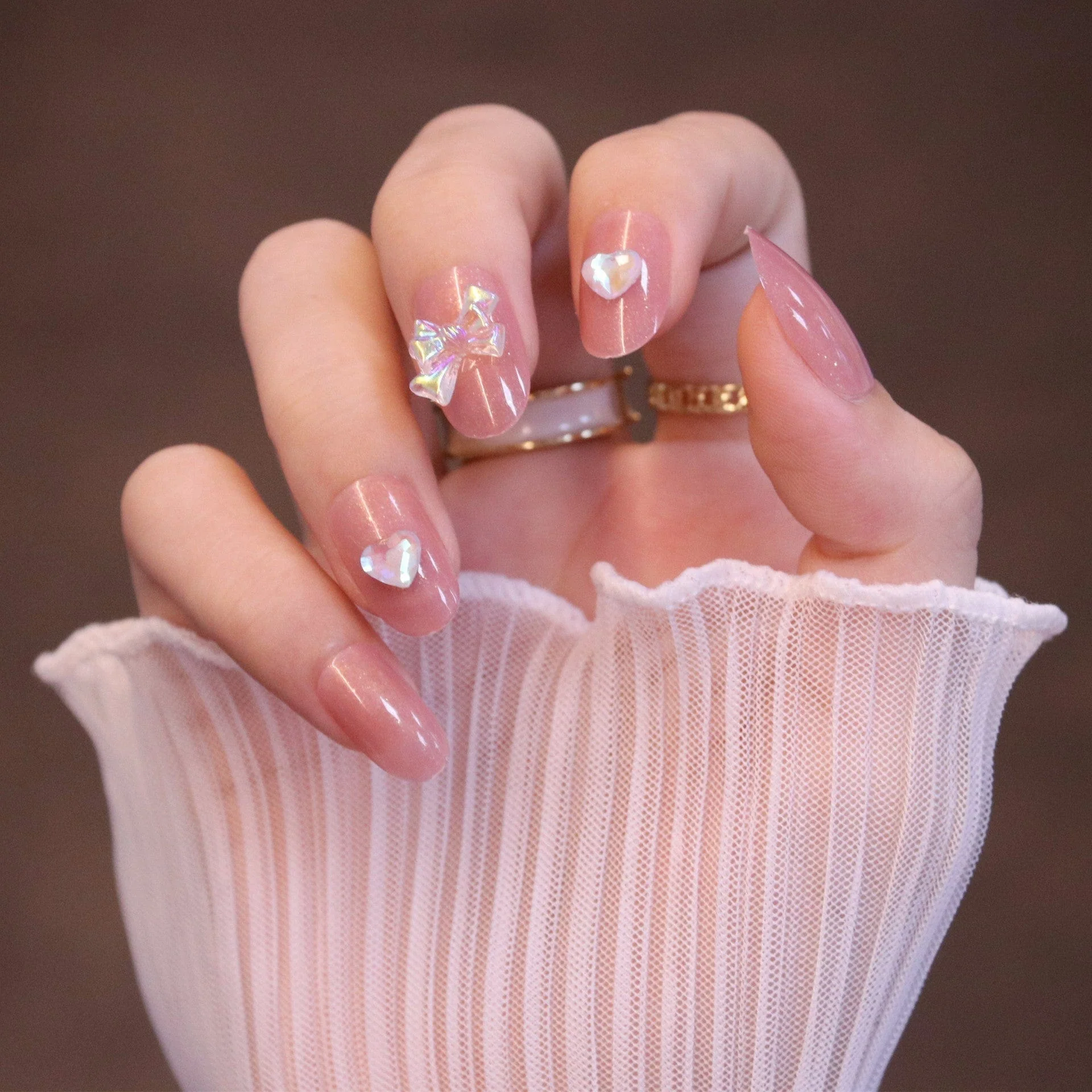 Medium Rounded Light Pink Press On Nails with Iridescent Bow and Heart - Image 6