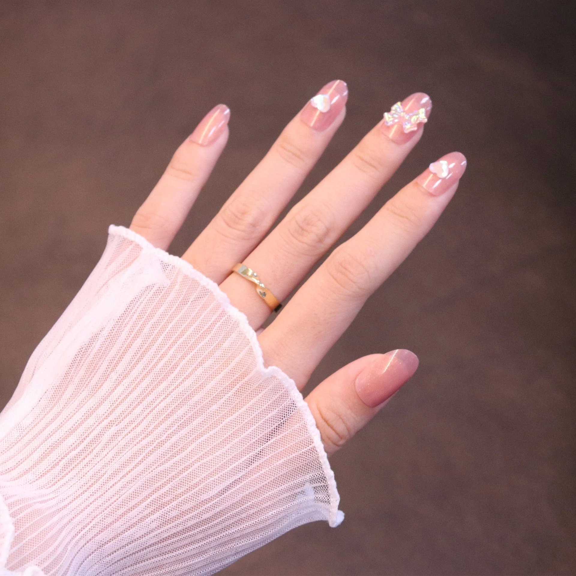 Medium Rounded Light Pink Press On Nails with Iridescent Bow and Heart - Image 7