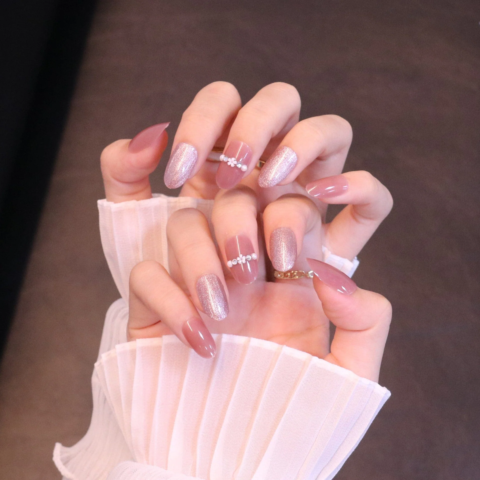 Medium Rounded Light Pink Press On Nails with Pearls and Crystals - Image 2