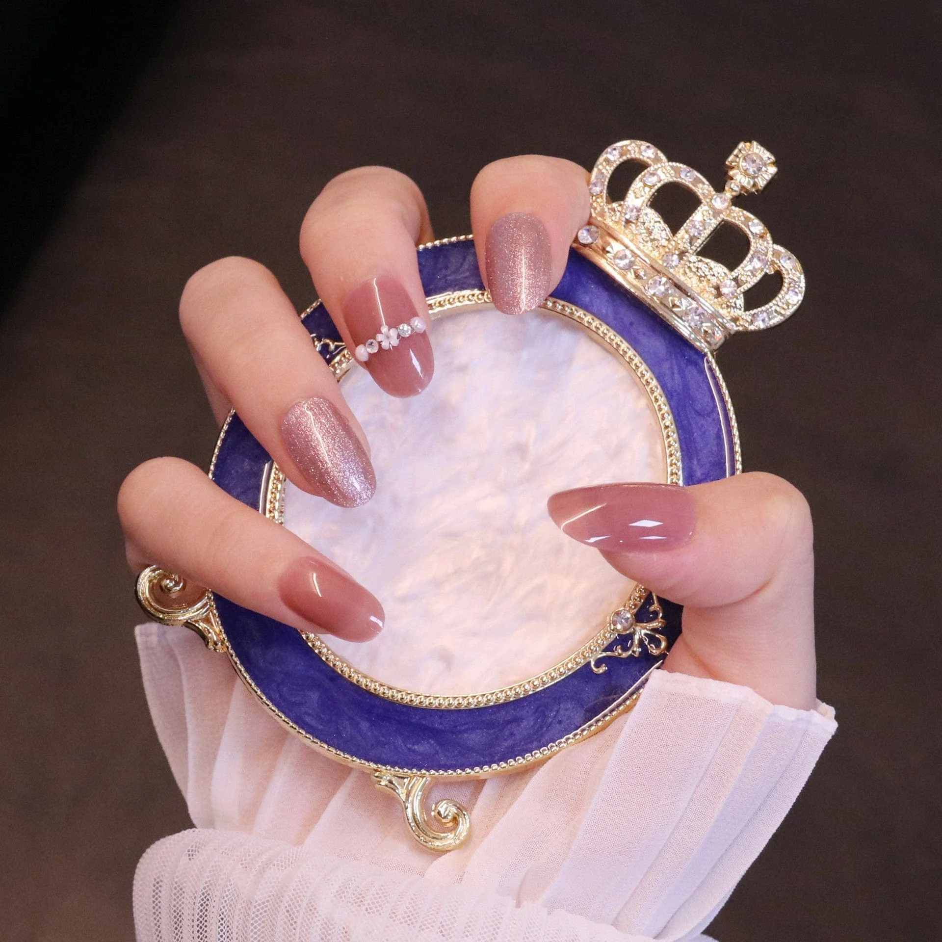 Medium Rounded Light Pink Press On Nails with Pearls and Crystals - Image 4