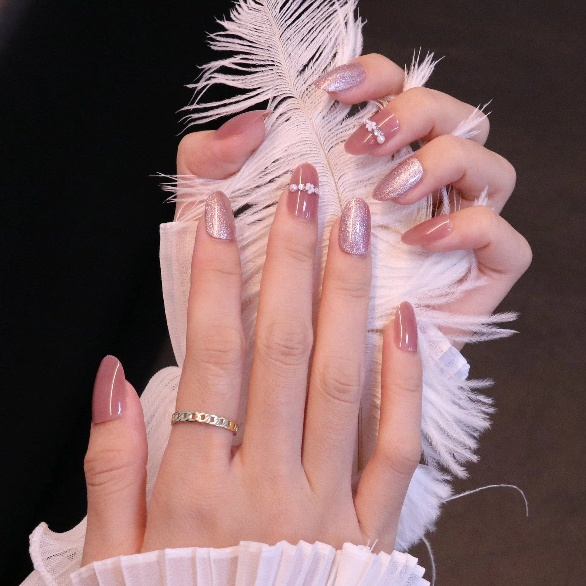 Medium Rounded Light Pink Press On Nails with Pearls and Crystals - Image 5