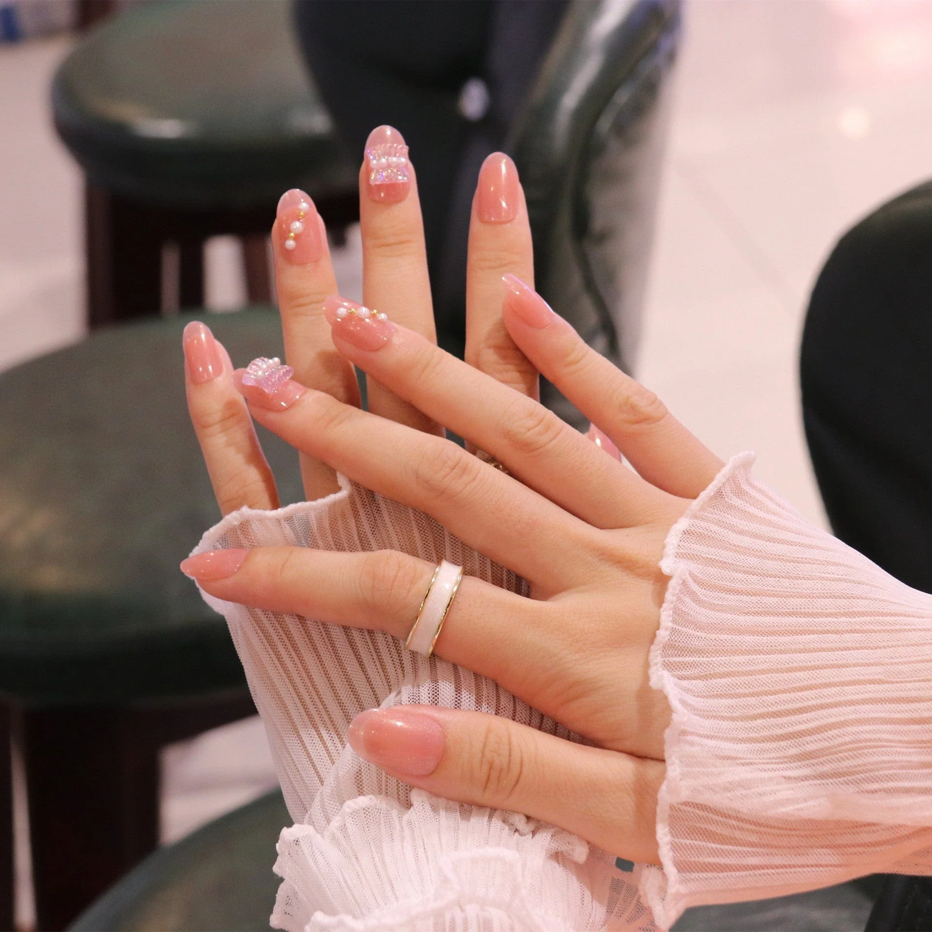 Medium Rounded Light Pink Press On Nails with Ruched Charm and Pearls - Image 2