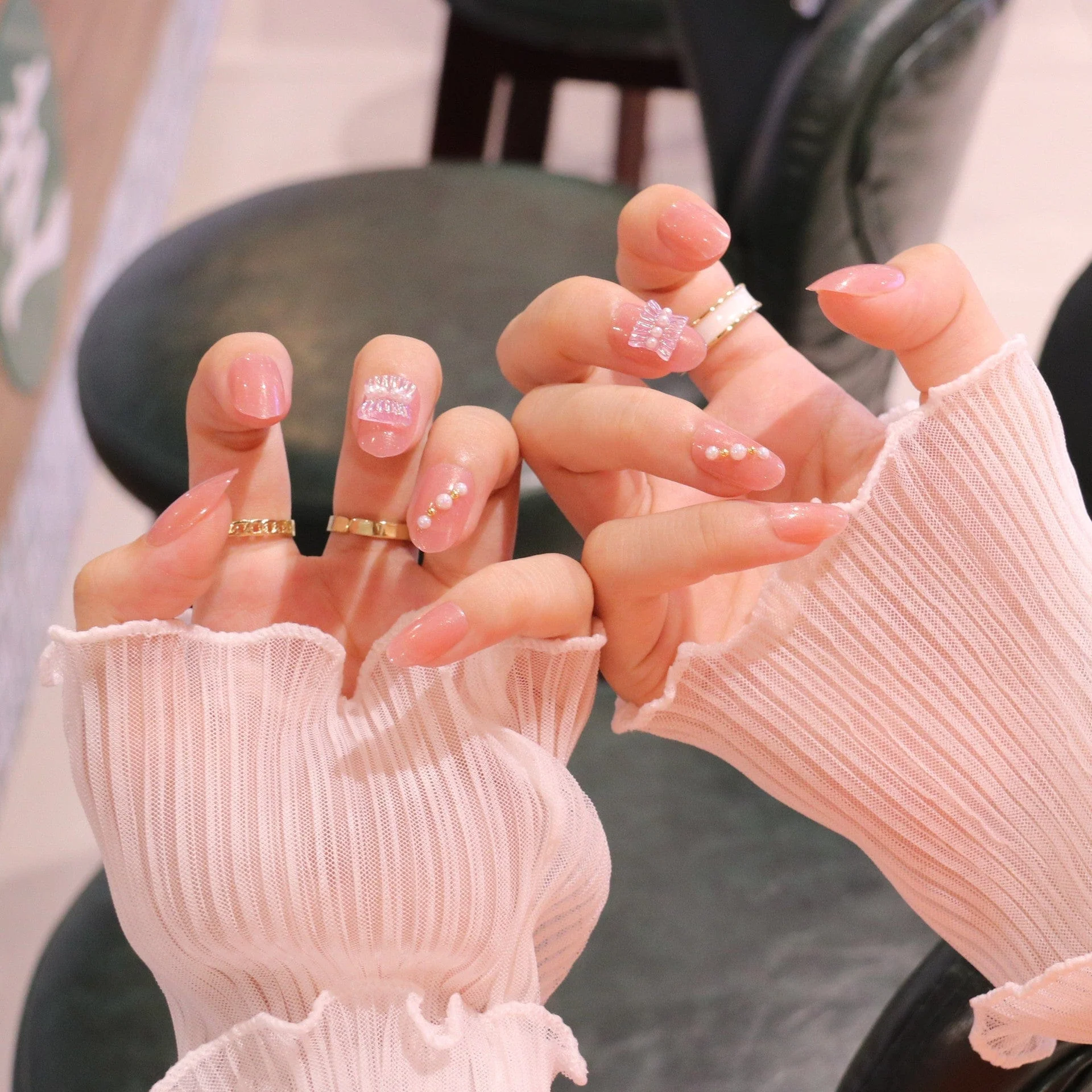 Medium Rounded Light Pink Press On Nails with Ruched Charm and Pearls - Image 3