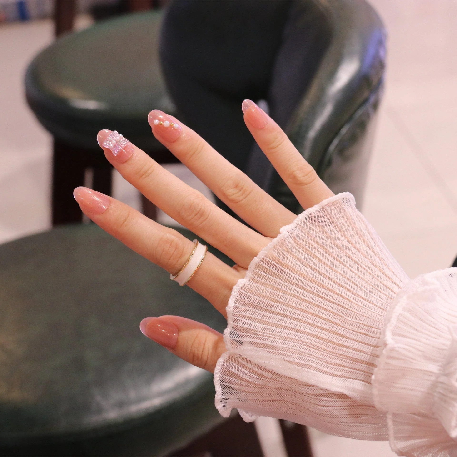 Medium Rounded Light Pink Press On Nails with Ruched Charm and Pearls - Image 4