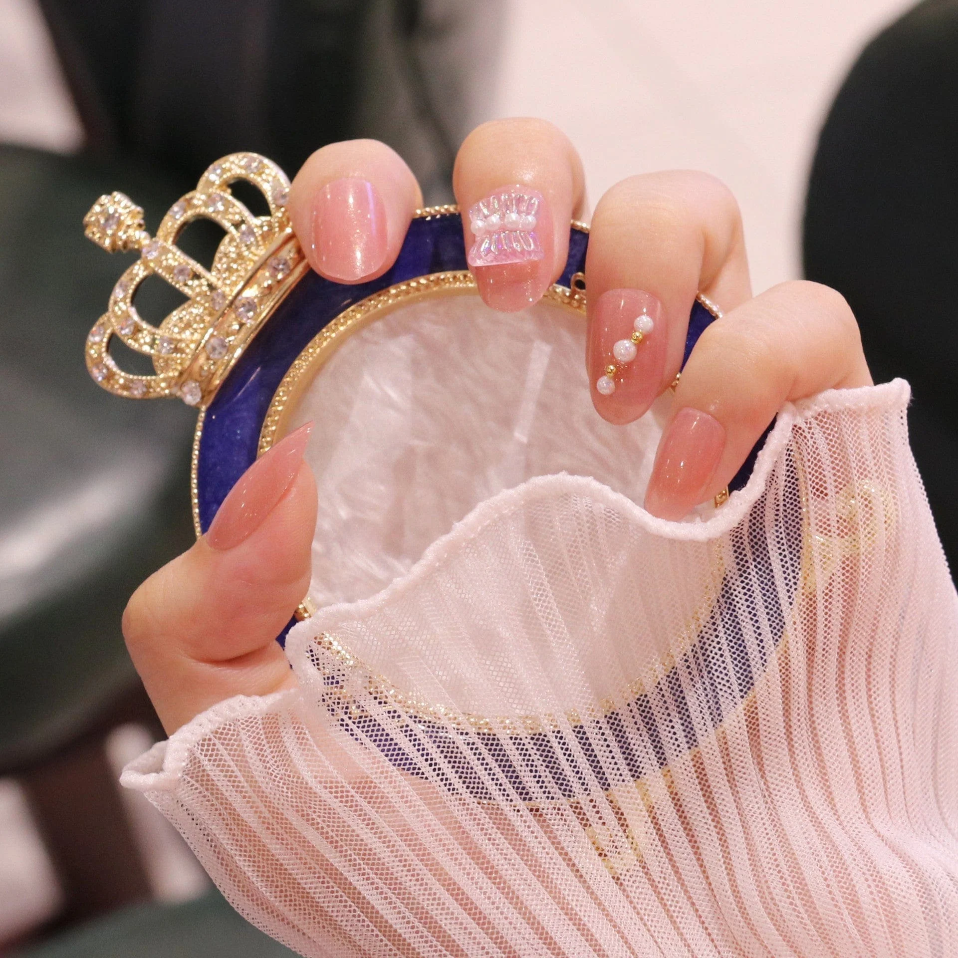 Medium Rounded Light Pink Press On Nails with Ruched Charm and Pearls - Image 6