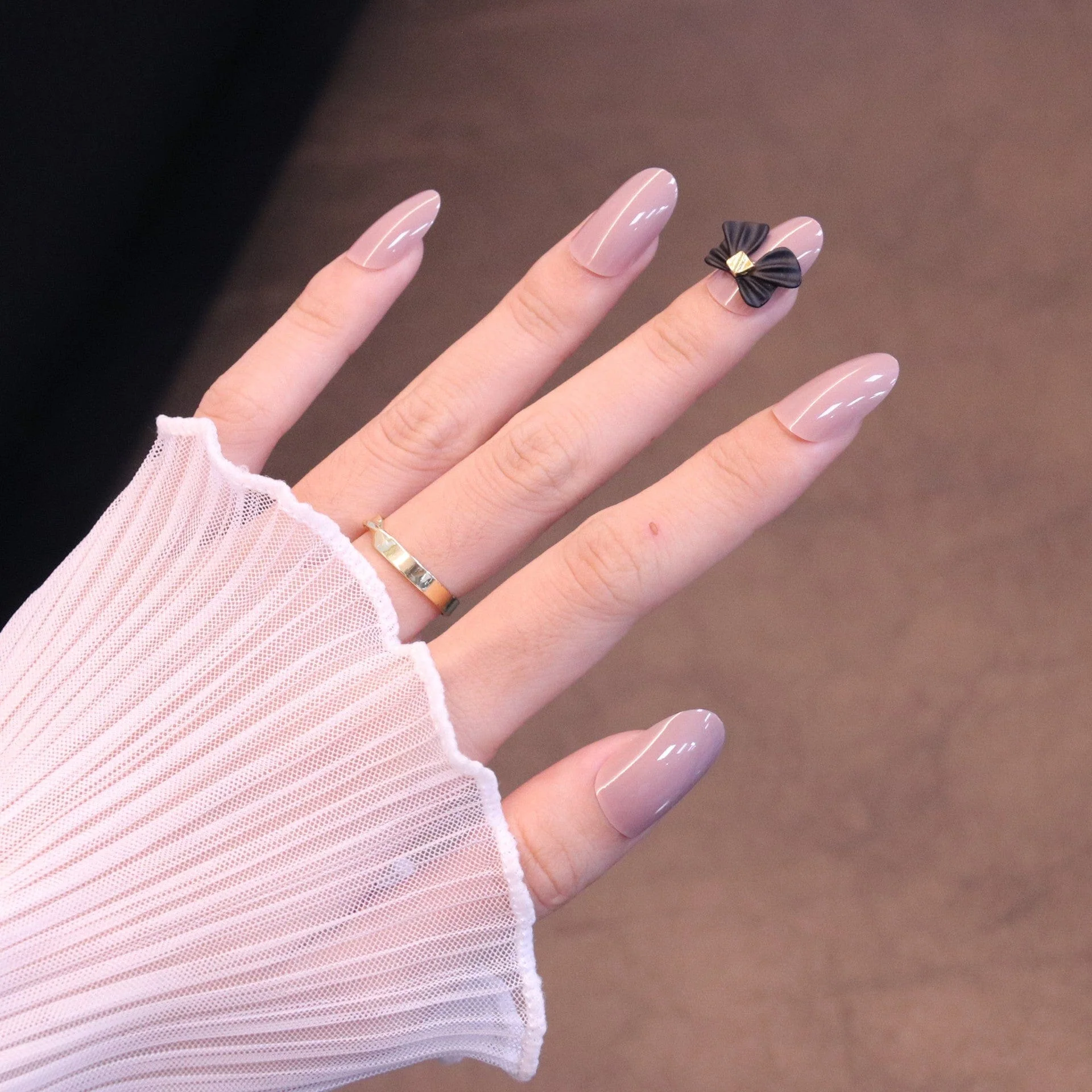 Medium Rounded Nude Press On Nails with Black Bow - Image 5