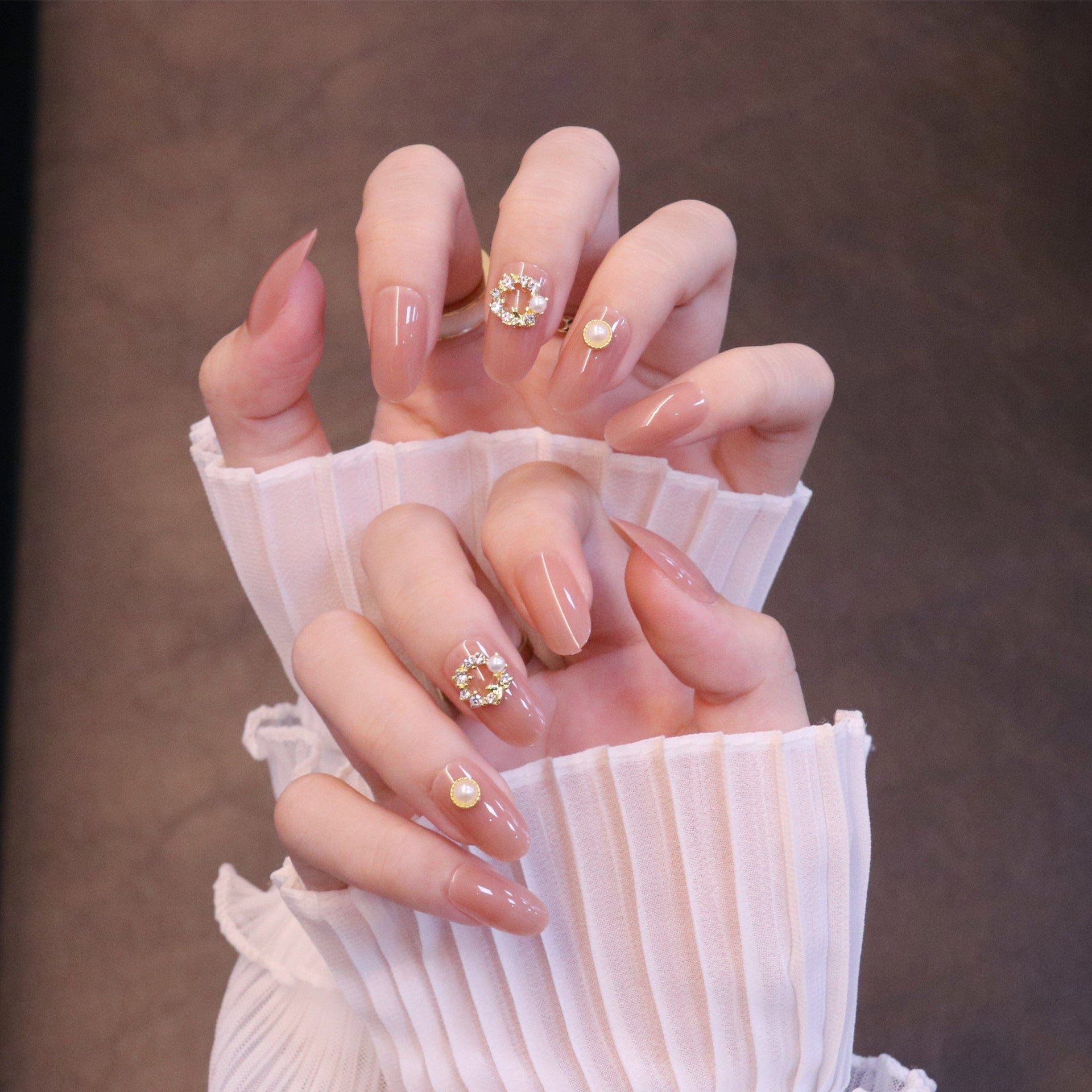 Medium Rounded Nude Press On Nails with Wreath Charm and Pearl - Image 2