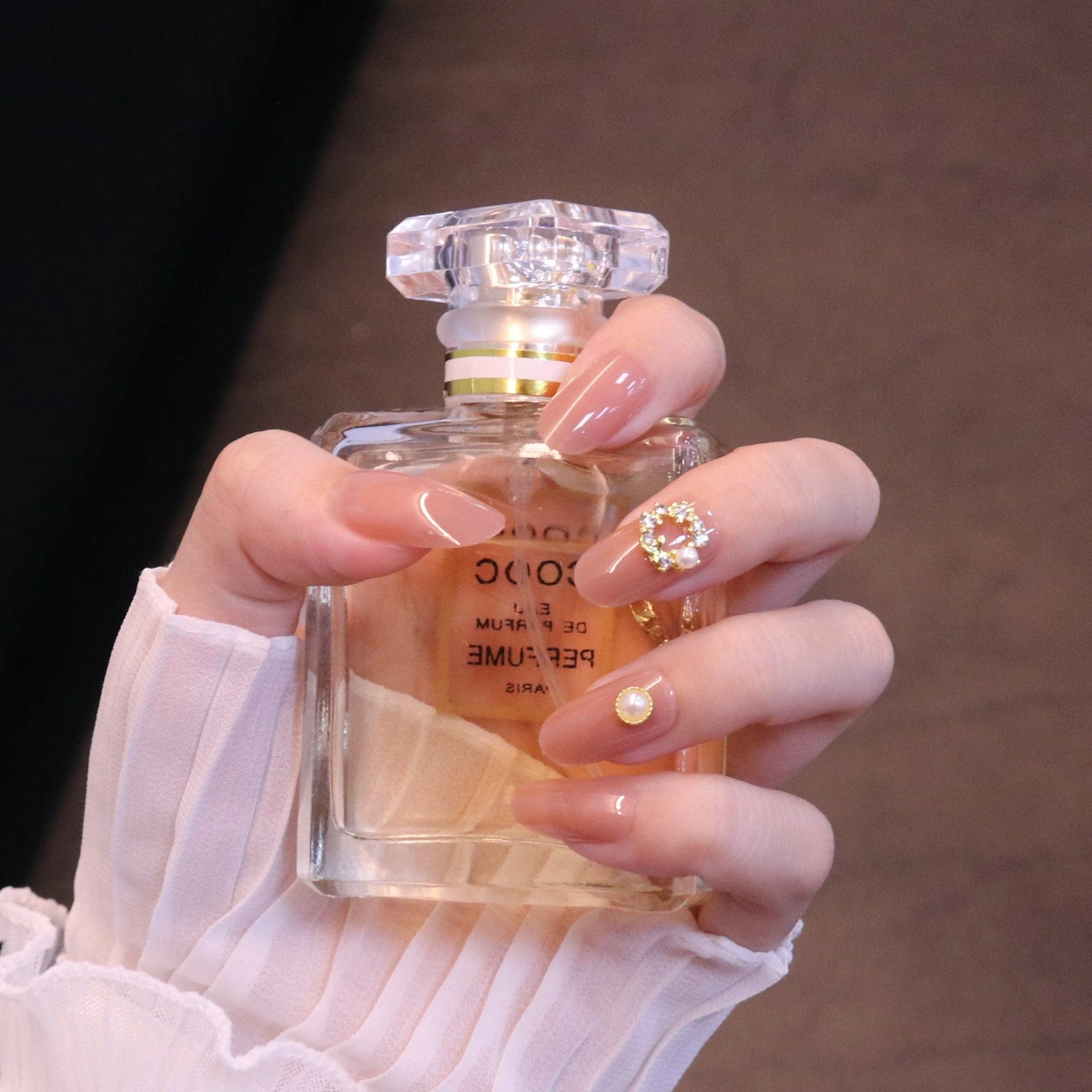 Medium Rounded Nude Press On Nails with Wreath Charm and Pearl - Image 3