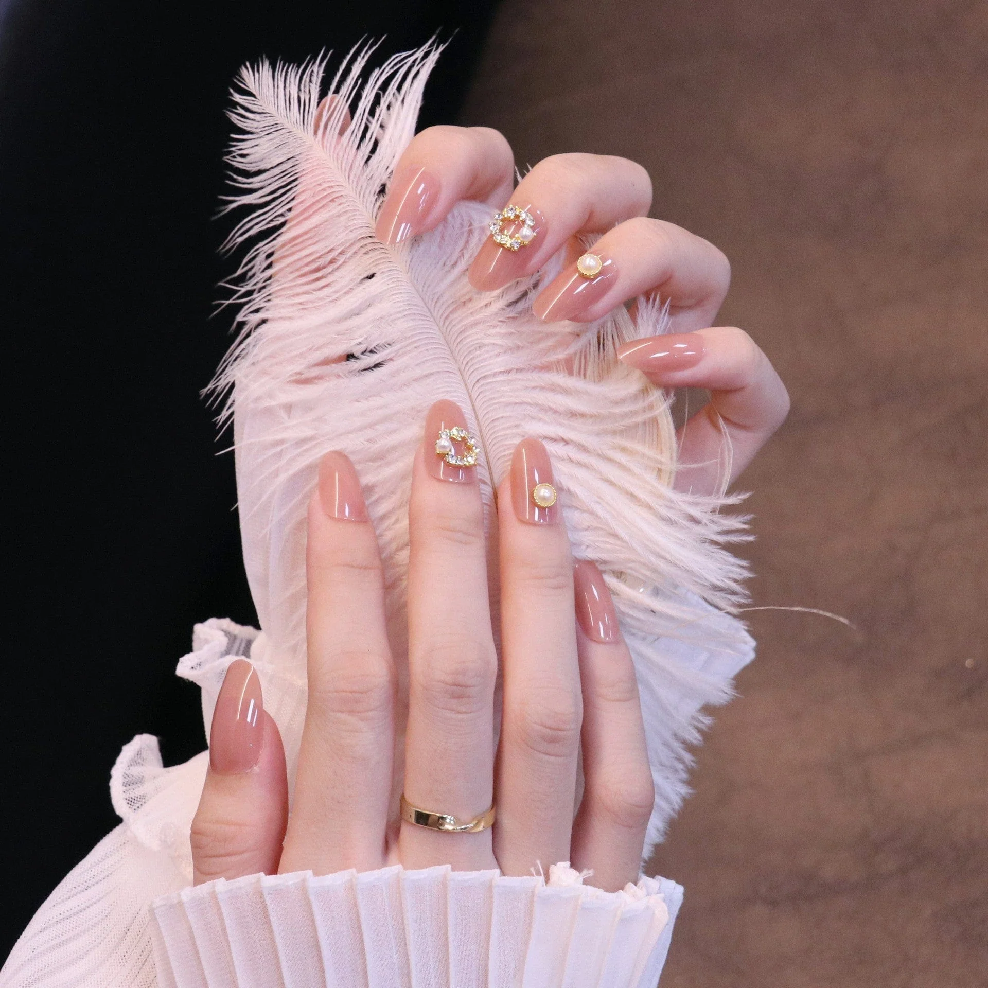 Medium Rounded Nude Press On Nails with Wreath Charm and Pearl - Image 6