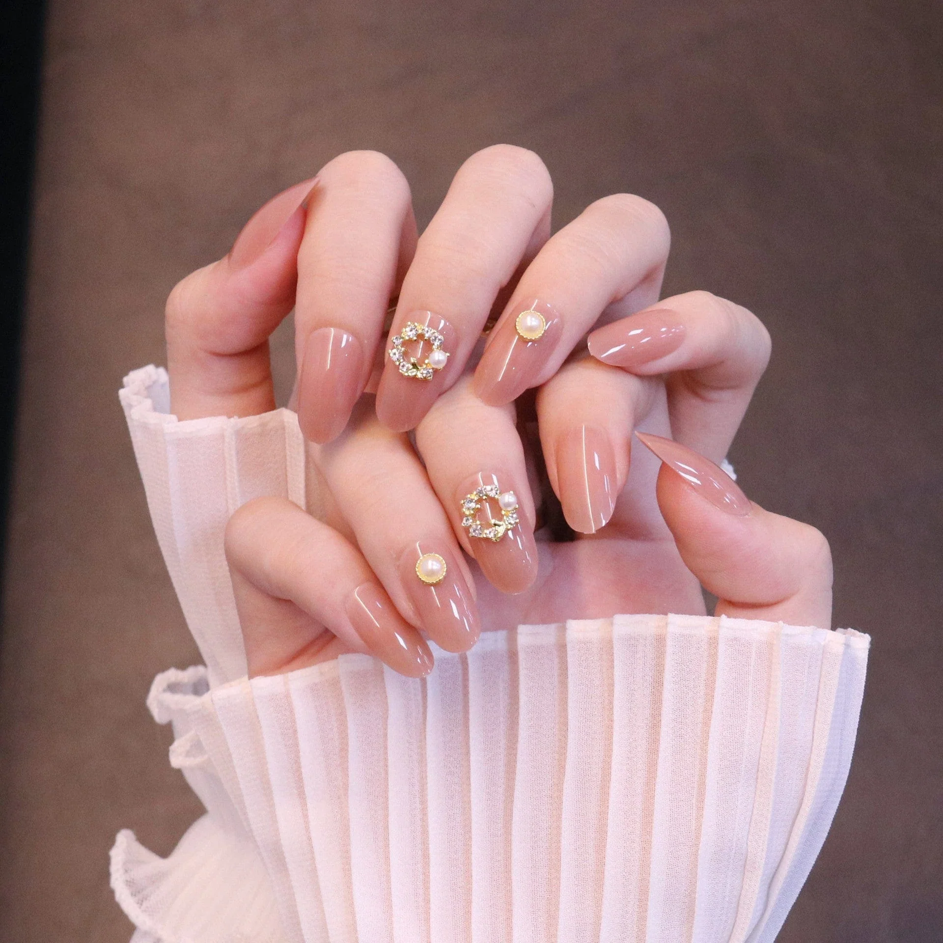 Medium Rounded Nude Press On Nails with Wreath Charm and Pearl - Image 7
