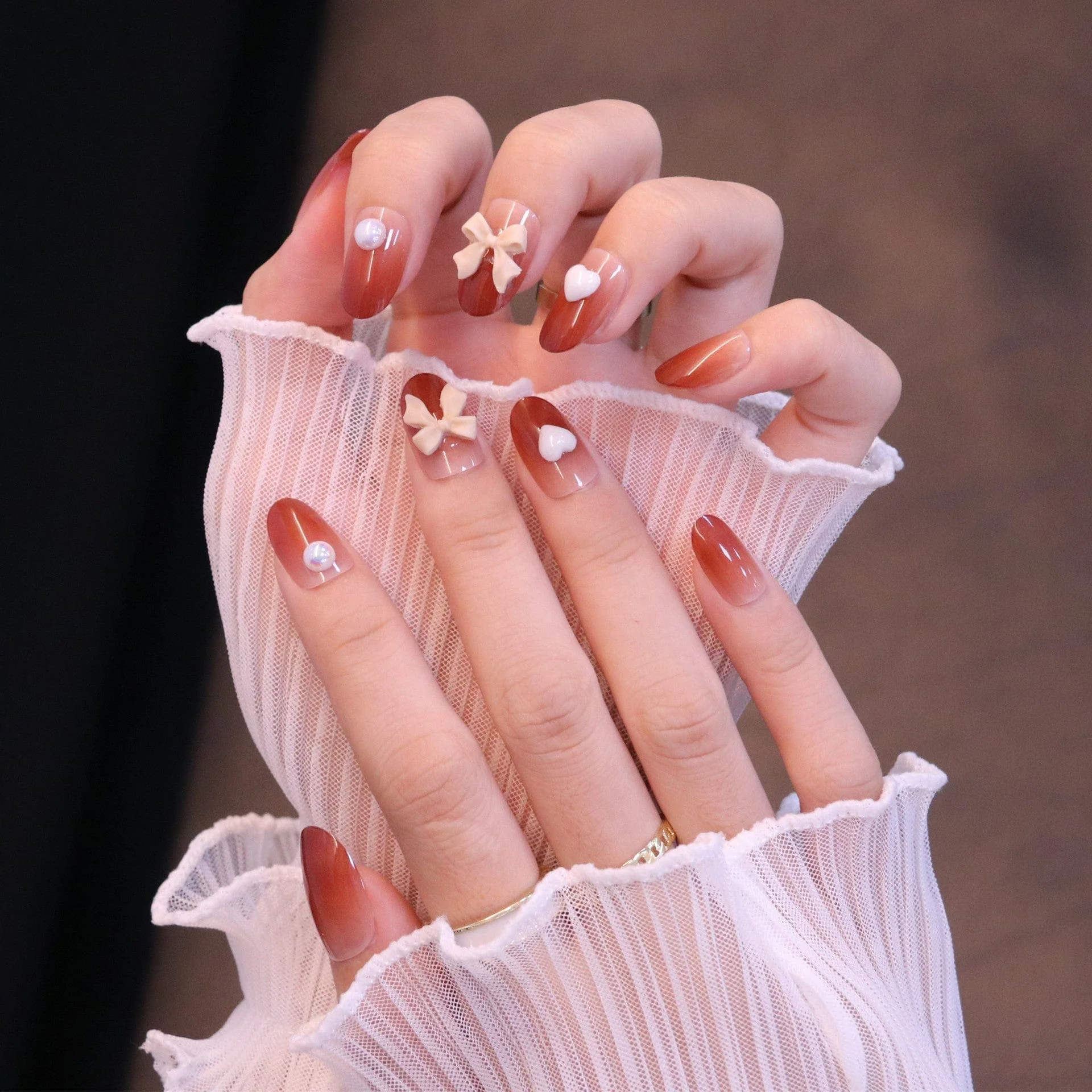 Medium Rounded Red Ombre Press On Nails with Bow and Heart - Image 2